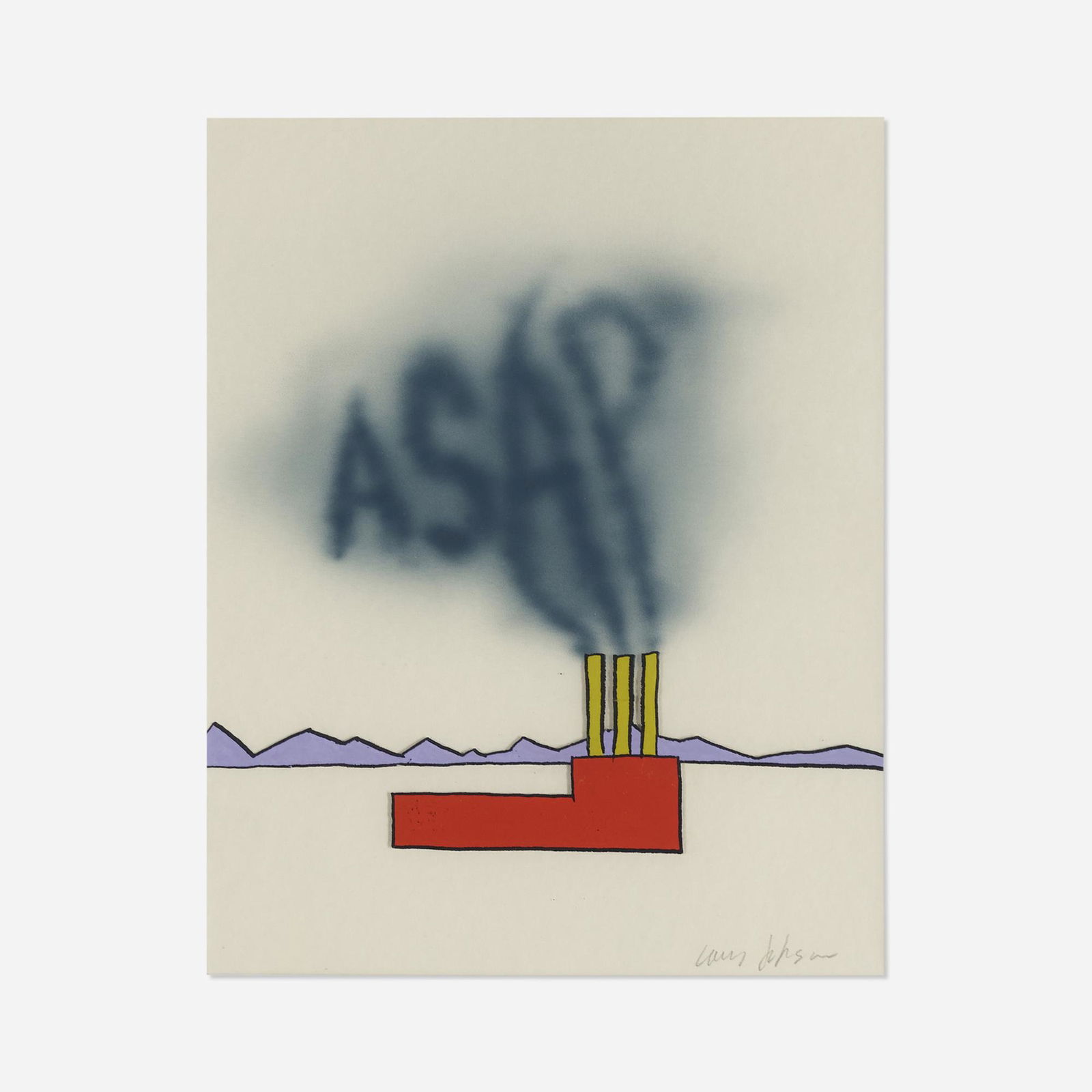 Larry Johnson, The ASAP Factory: Larry Johnson The ASAP Factory 1992acrylic on acetate, paper 14.25 h × 11 w in (36 × 28 cm) Signed to lower right of backing paper 'Larry Johnson'. Provenance: