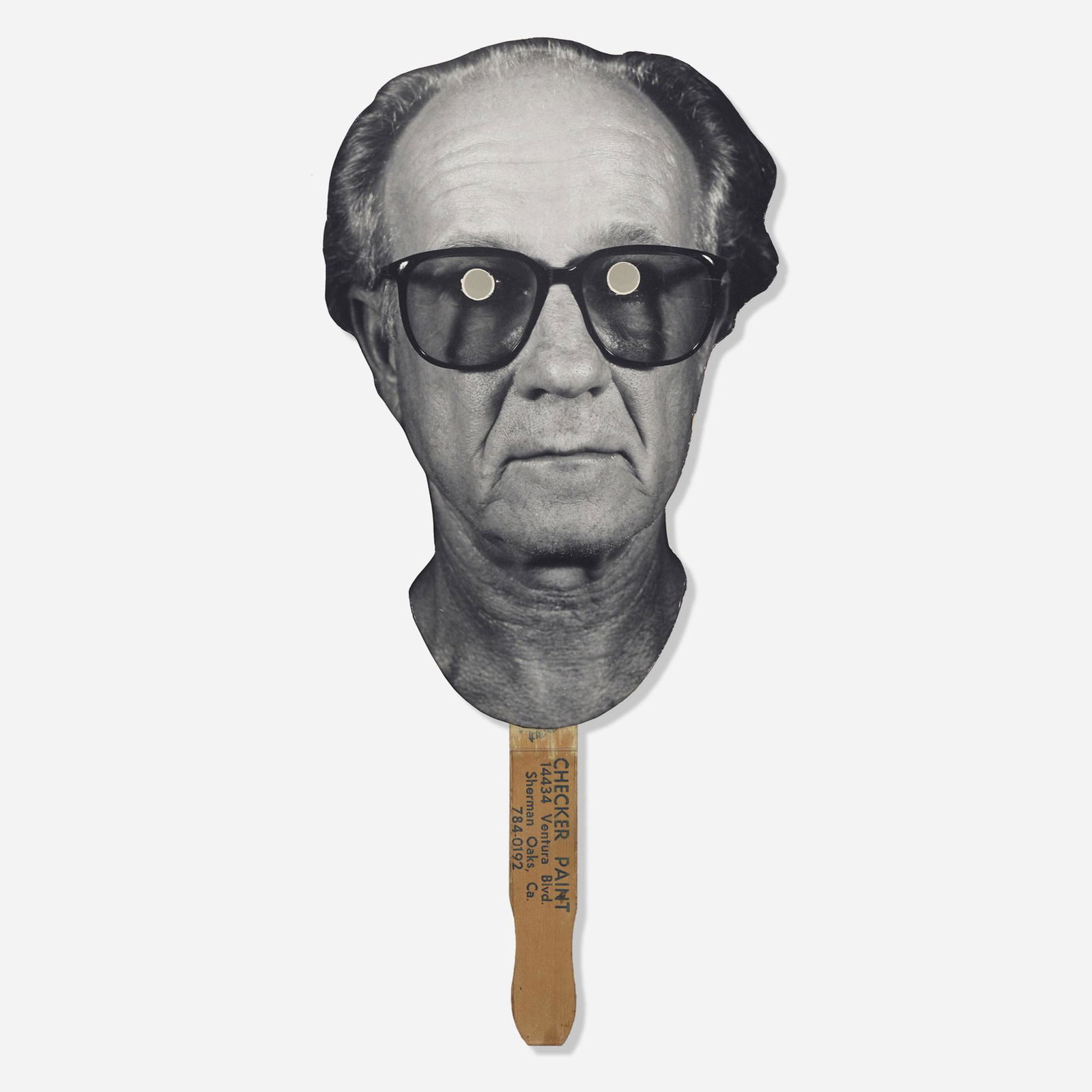 Ed Ruscha, Mask of the Face of Joe Goode: Ed Ruscha Mask of the Face of Joe Goode 1992gelatin silver print mounted to board and paint stick 17 h × 7.5 w in (43 × 19 cm) Signed, titled and dated to verso 'Mask of the Face o