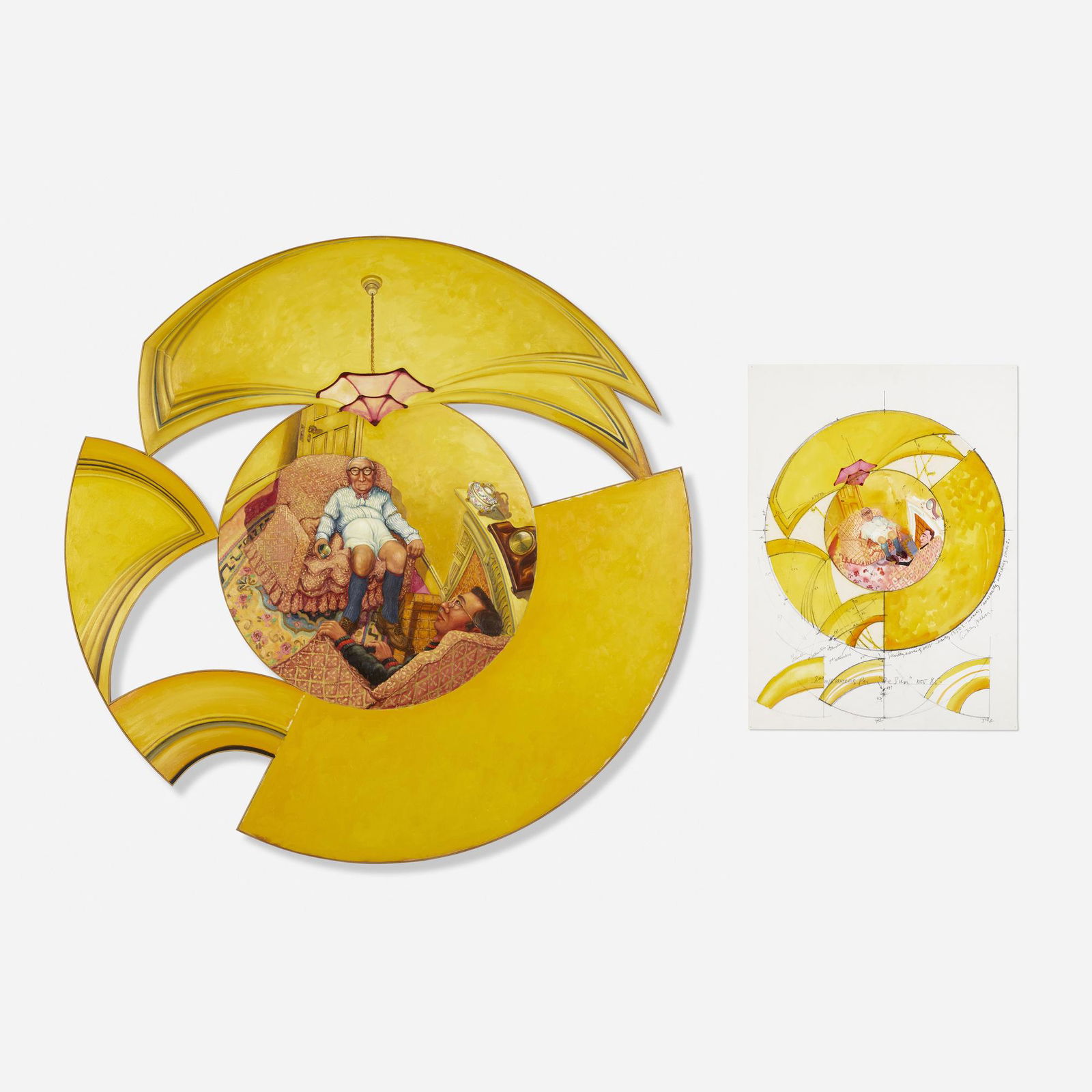 Anthony Green, The Son/Sunday Morning; ...: Anthony Green The Son/Sunday Morning; Drawing for 'The Sun' (two works) 1985-1986oil on board in artist's frame; gouache, watercolor, graphite on paper board: 66.75 dia in (170 cm) drawing: 30.125