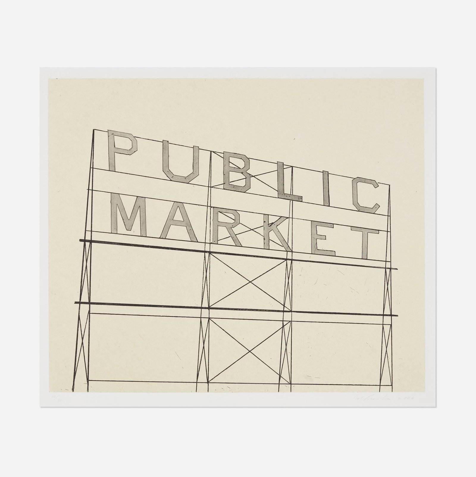 Ed Ruscha, Public Market: Ed Ruscha Public Market 2006etching and aquatint in colors on Gampi image: 19.75 h x 23.75 w in (50 x 60 cm) sheet: 25.5 h x 28.75 w in (65 x 73 cm) Signed, dated and numbered to lower marg