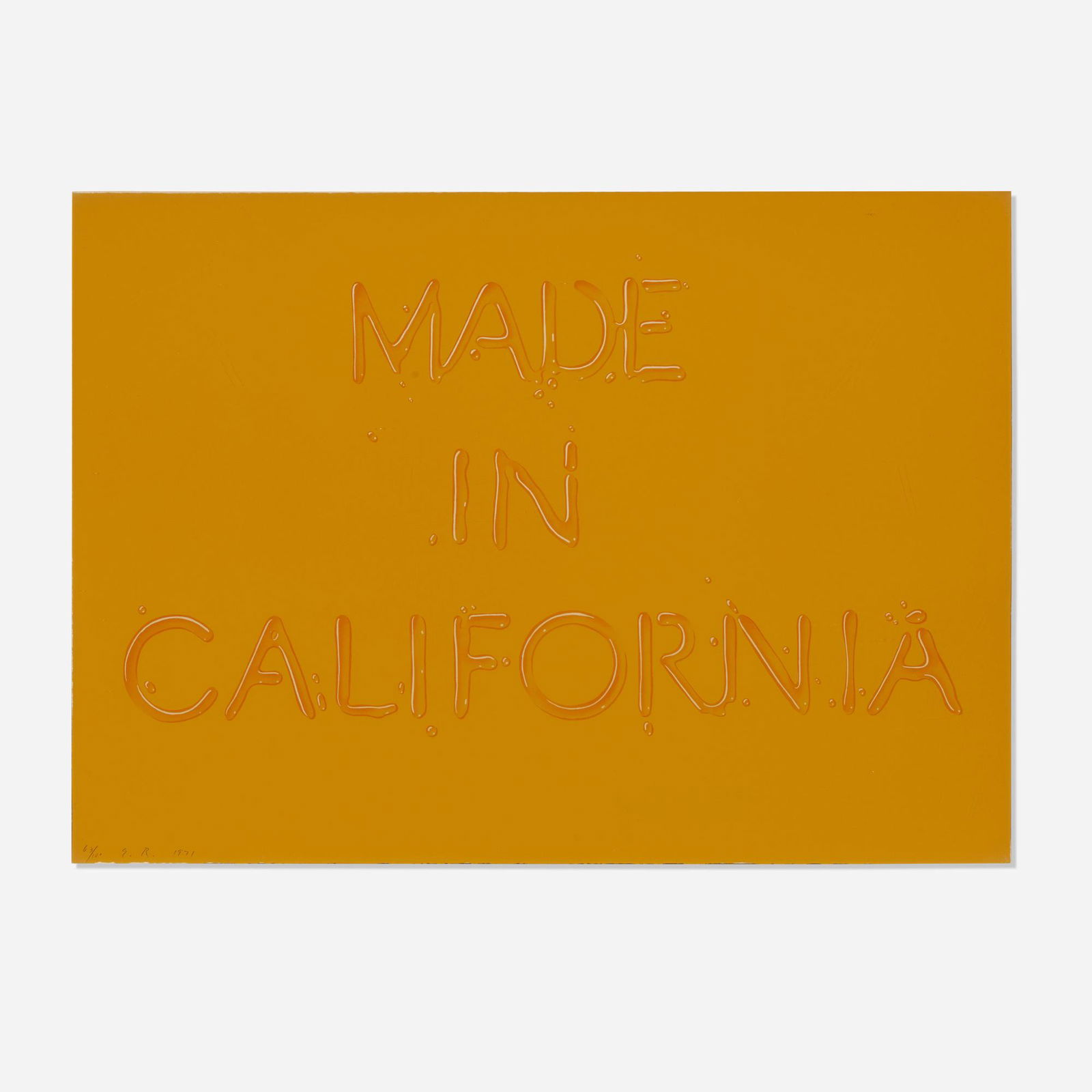 Ed Ruscha, Made in California: Ed Ruscha Made in California 1971lithograph in colors on Arches 20 h x 28 w in (51 x 71 cm) Signed, dated and numbered to lower left '63/100 E.R. 1971' with blindstamp. This work is number 63