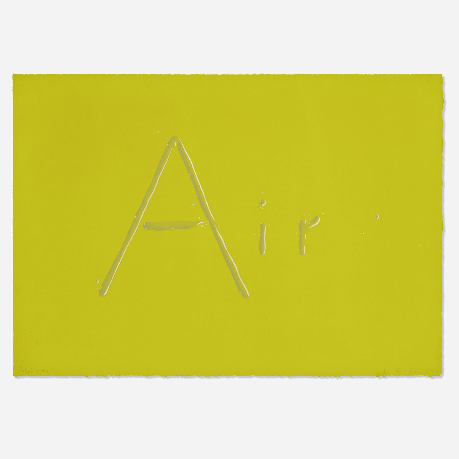 Ed Ruscha, Air: Ed Ruscha Air 1969lithograph in colors on Copperplate Deluxe 17 h x 24 w in (43 x 61 cm) Signed, dated and numbered to lower edge 'Artist's Proof E. Ruscha 1969'. This work is an artist's proo
