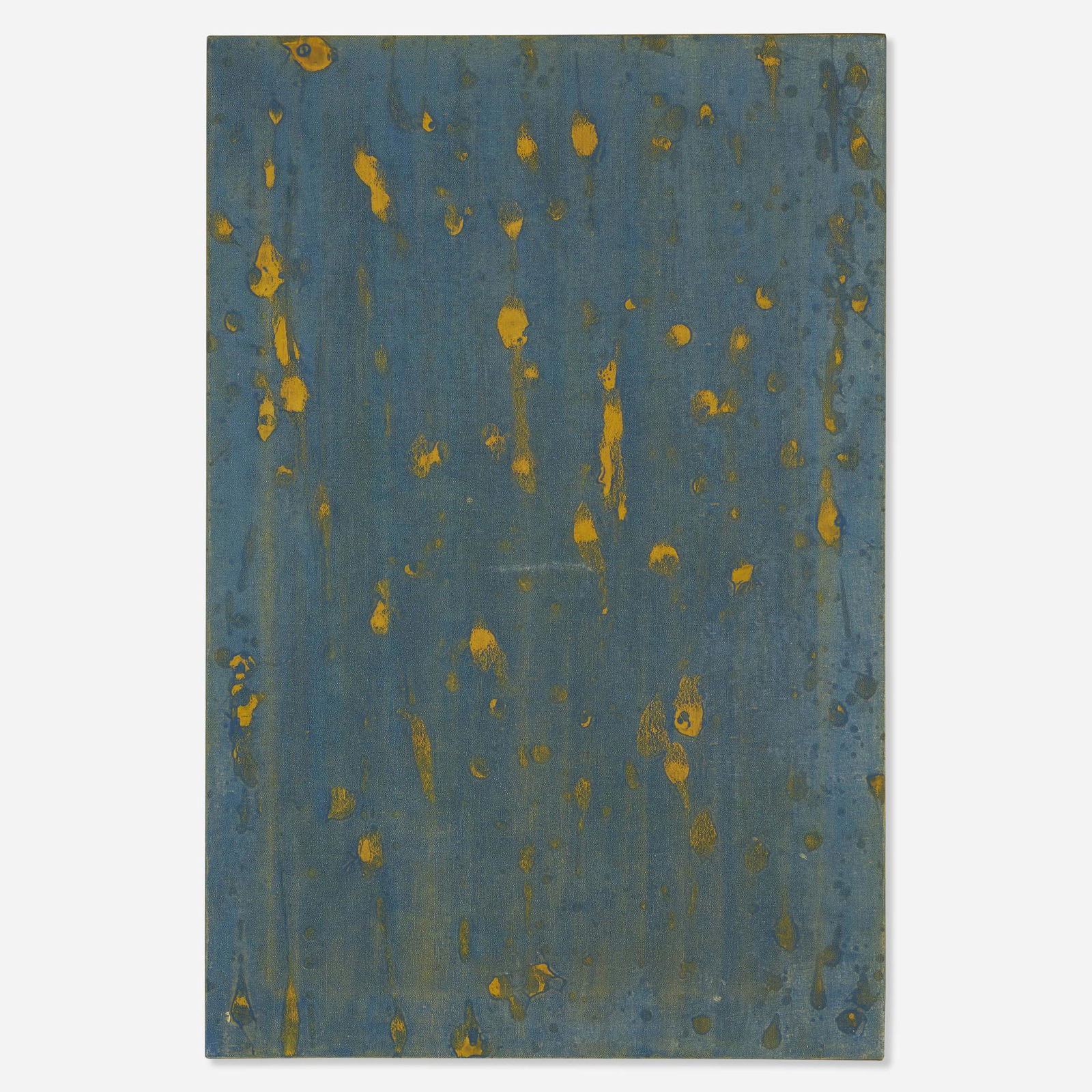 John Zinsser, A Gaseous Postulate in Blue: John Zinsser A Gaseous Postulate in Blue 1989oil and enamel on canvas 36.125 h x 24.125 w in (92 x 61 cm) Signed, titled, dated and inscribed to verso ''A Gaseous Postulate in Blue' John Zinss