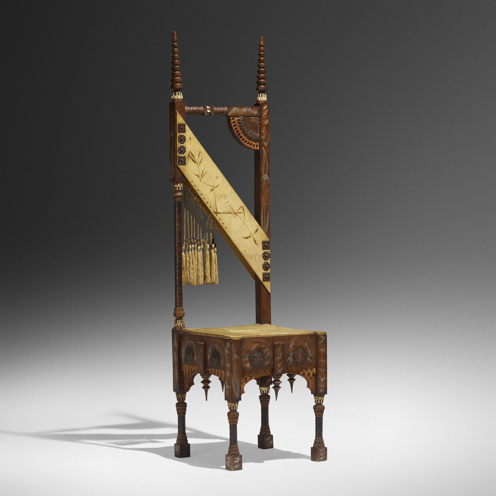 Carlo Bugatti, Tall chair: Carlo Bugatti Tall chair Italy, c. 1895ebonized wood, walnut, vellum over wood, copper, white metal inlay, bone, fibers 58 h x 15.5 w x 15.5 d in (147 x 39 x 39 cm) Provenance: