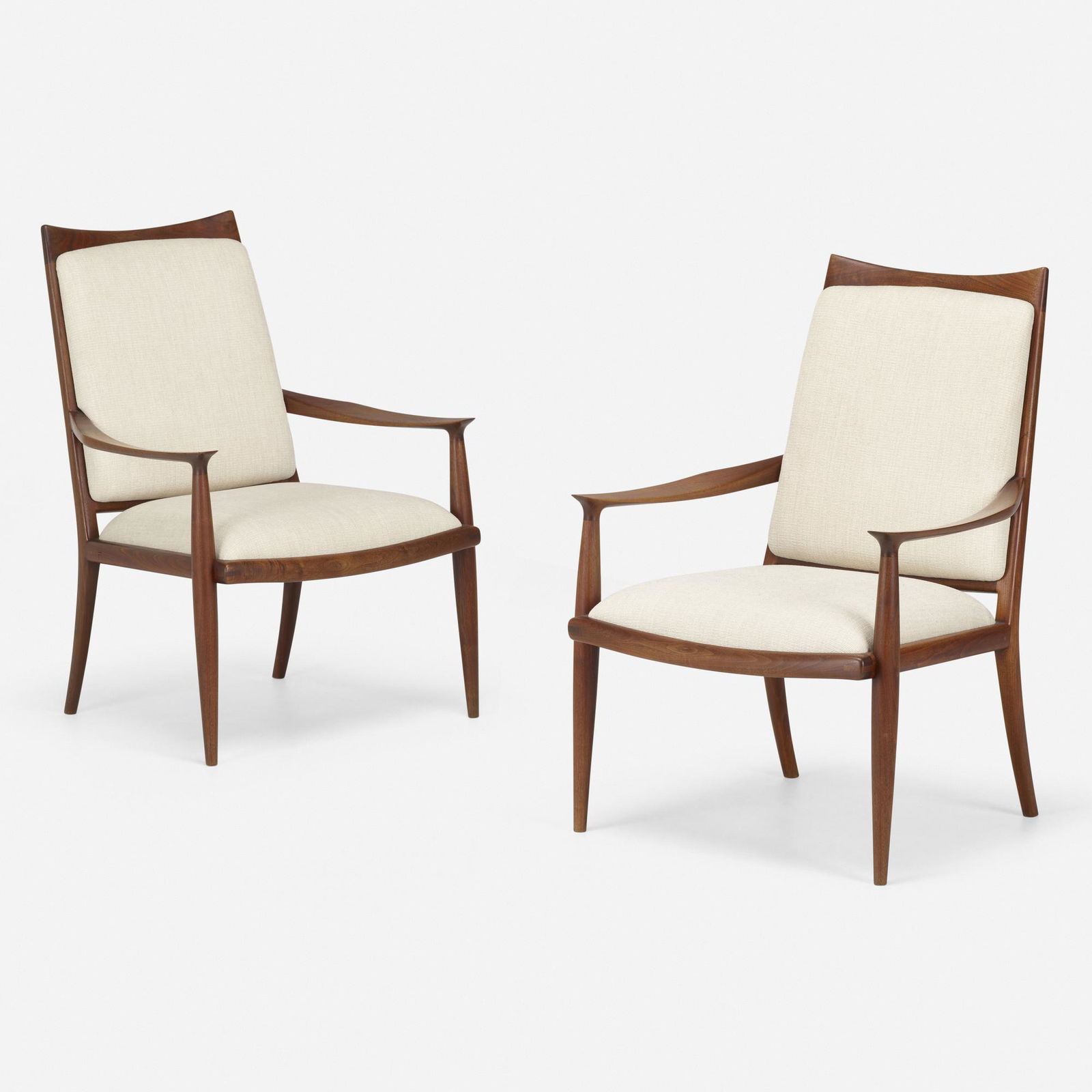 John Nyquist, Chairs, pair: John Nyquist Chairs, pair USA, c. 1965walnut, upholstery 36 h x 25 w x 28 d in (91 x 63 x 71 cm) Carved signature to frame of each example 'JN'. This work will ship from La