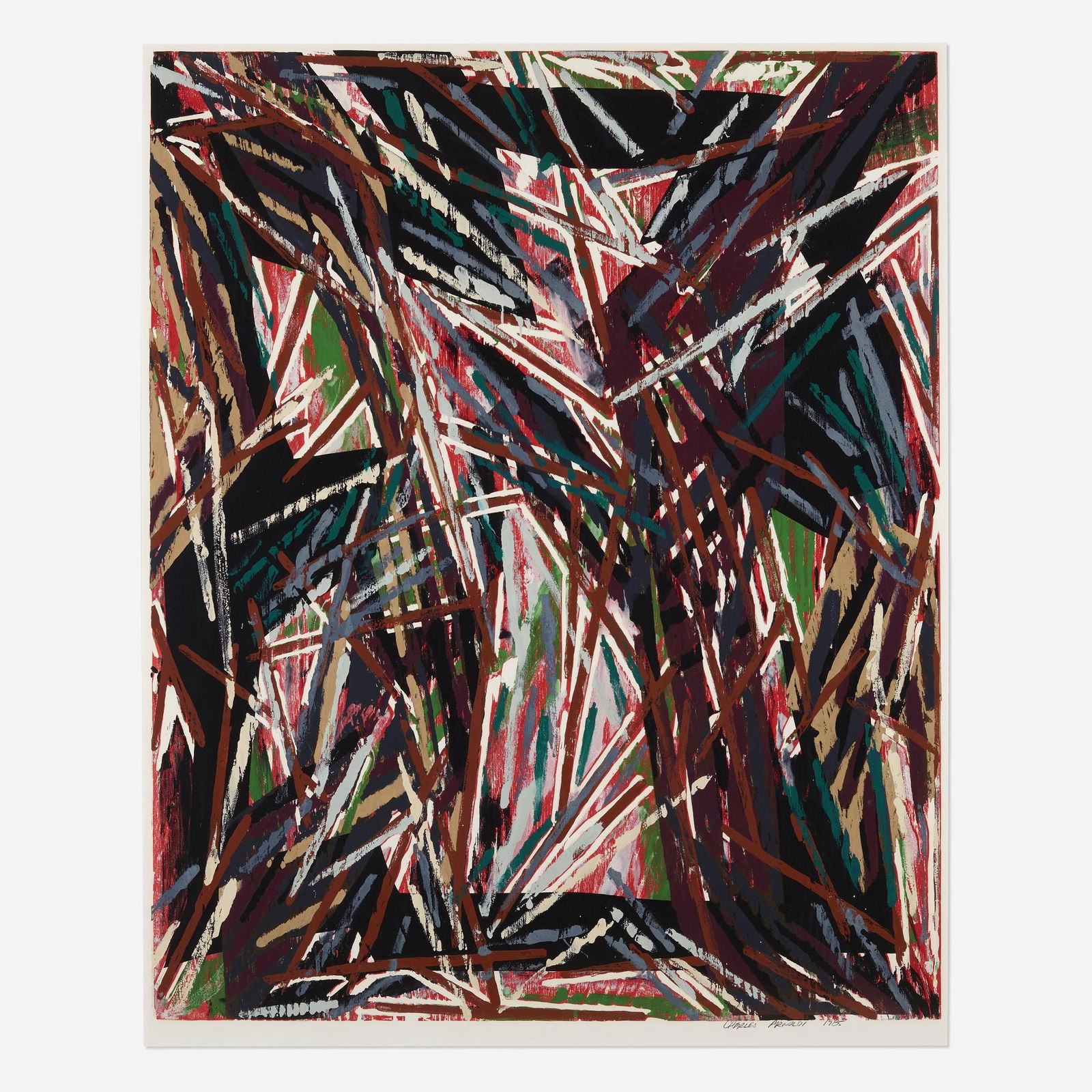 Charles Arnoldi, Untitled: Charles Arnoldi Untitled 1985monoprint image: 54 h x 44 w in (137 x 112 cm) sight: 55.75 h x 45 w in (142 x 114 cm) Signed and dated to lower margin 'Charles Arnoldi 1985'. This work is uni
