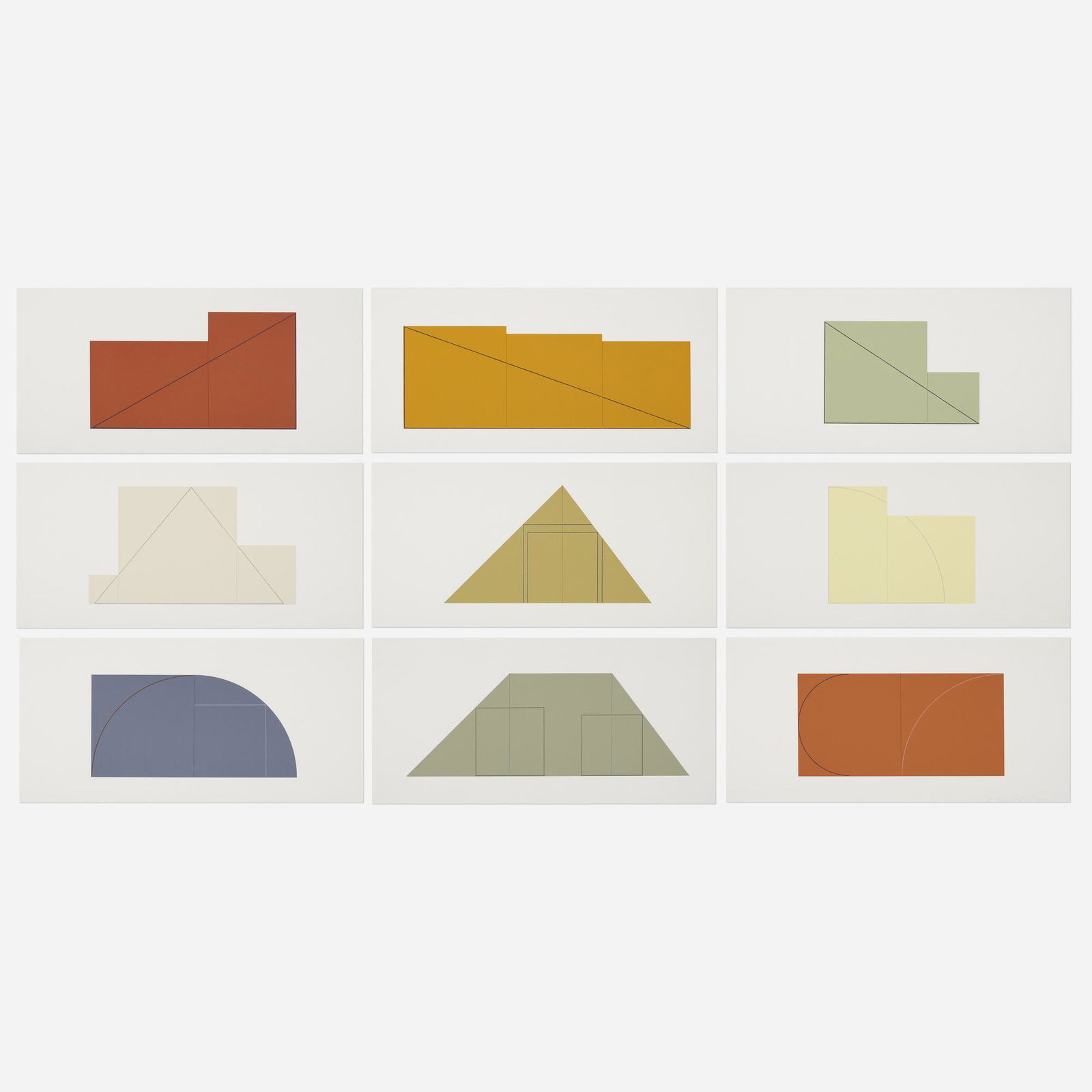 Robert Mangold, A Book of Silk Screen Prints: Robert Mangold A Book of Silk Screen PrintsÑ Multiple Panel Paintings 1973-1976 1988screenprint in colors on Fabriano Cotton largest image: 7 h x 19.375 w in (18 x 49 cm) smallest image: 7 h x 10.