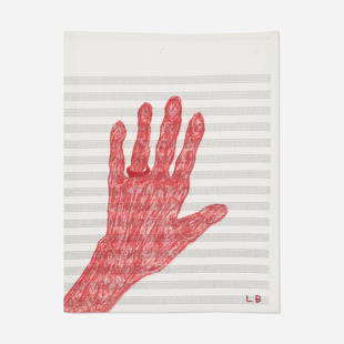 Louise Bourgeois, My Hand: Louise Bourgeois My Hand 2002lithograph on antique fabric 11 h x 8.5 w in (28 x 22 cm) Stitched signature to lower right 'LB'. This work is from the edition of 10 printed and published by SOLO