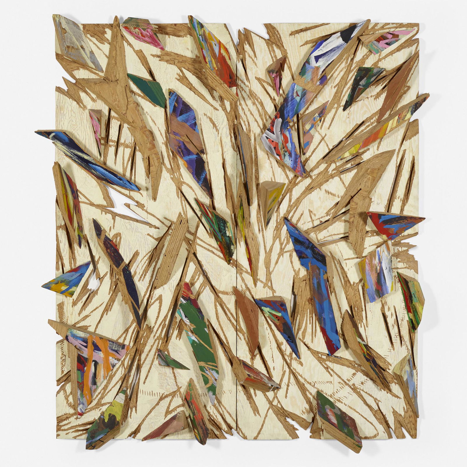 Charles Arnoldi, Mumbo Jumbo (diptych): Charles Arnoldi Mumbo Jumbo (diptych) 1986acrylic and wood chunks on plywood each: 98 h x 45 w x 8 d in (249 x 114 x 20 cm) overall: 98 h x 90 w x 8 d in (249 x 229 x 20 cm) Signed and date