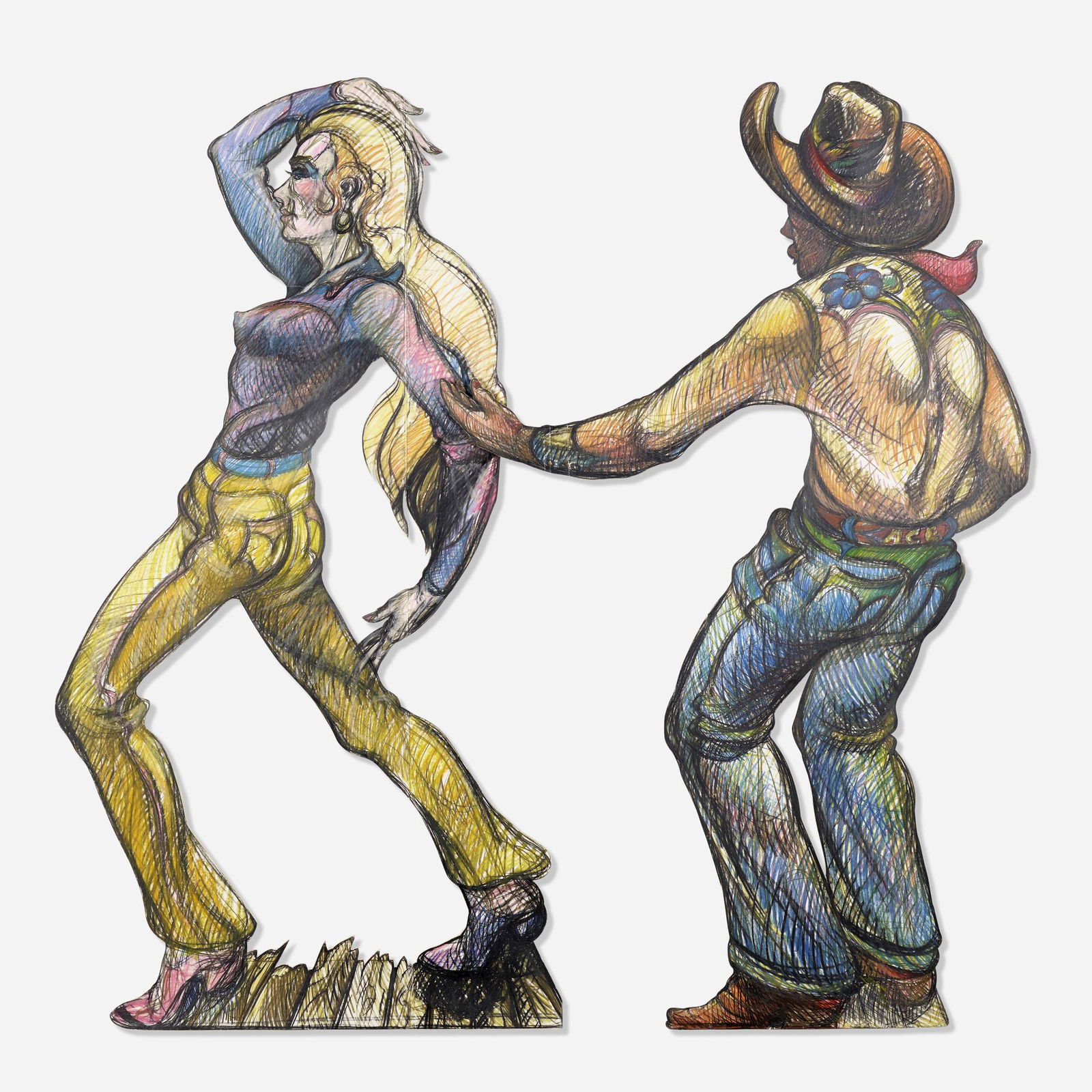 Luis Jimenez, Honky Tonk (diptych): Luis Jimenez Honky Tonk (diptych) c. 1981oil pastel on cut-out foam core 77 h x 40 w x 2.5 d in (196 x 102 x 6 cm) 76.5 h x 48 w x 2.5 d in (194 x 122 x 6 cm) overall: 77 h x 76.5 w x 2.5 d in