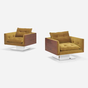 Warren Platner, Lounge chairs, pair: Warren Platner Lounge chairs, pair Lehigh LeopoldUSA, c. 1970rosewood veneer, polished aluminum, mohair 30 h x 37 w x 32 d in (76 x 94 x 81 cm) Literature: Ten by War