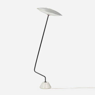 Gino Sarfatti, Rare floor lamp, model 1043: Gino Sarfatti Rare floor lamp, model 1043 ArteluceItaly, 1951enameled aluminum, stone 54 h x 18 dia in (137 x 46 cm) Decal manufacturer's label to shade interior 'Milano Arteluce'.