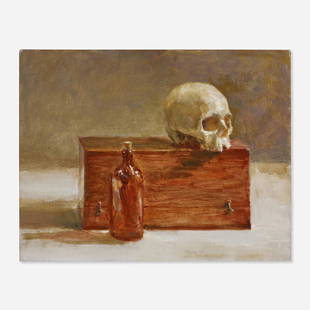 Fred Dalkey, Skull with Bottle: Fred Dalkey Skull with Bottle 1994oil on canvas laid to panel 11.75 h x 15 w in (30 x 38 cm) Signed and dated to lower right 'Dalkey 94'. Provenance: Thomas Babeor Gall