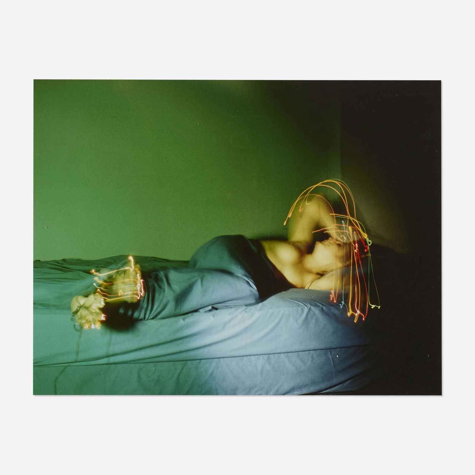 Jimmy DeSana, Figure with Light Trails in Bed: Jimmy DeSana Figure with Light Trails in Bed Cibachrome print image: 15 h x 19 w in (38 x 48 cm) sheet: 16 h x 20 w in (41 x 51 cm) Embossed artist's copyright to lower right '? Jimmy DeSana'. Nu