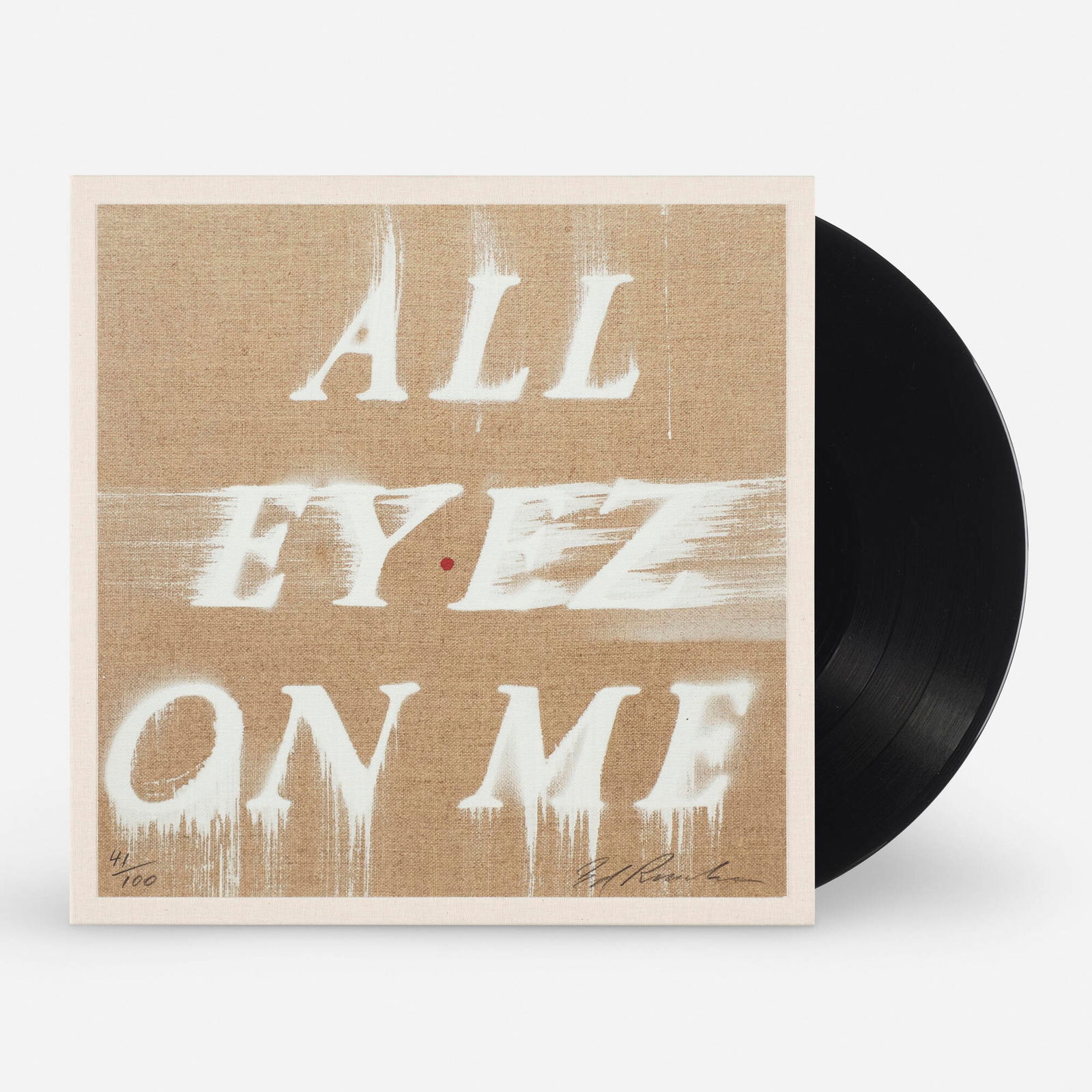 Ed Ruscha, 2Pac - All Eyez On Me: Ed Ruscha 2Pac - All Eyez On Me 2022giclee print in colors on tan custom-dyed linen-wrapped vinyl jacket, vinyl 12.25 h x 12.25 w in (31 x 31 cm) Signed and numbered to lower edge '41/100 Ed R