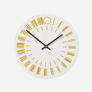 Tauba Auerbach, 24-hour wall clock: Tauba Auerbach 24-hour wall clock The Thing QuarterlyUSA, 2013screenprinted composite, enameled aluminum, brass 1.25 h x 10.5 dia in (3 x 27 cm) Printed manufacturer's mark to reverse 'T