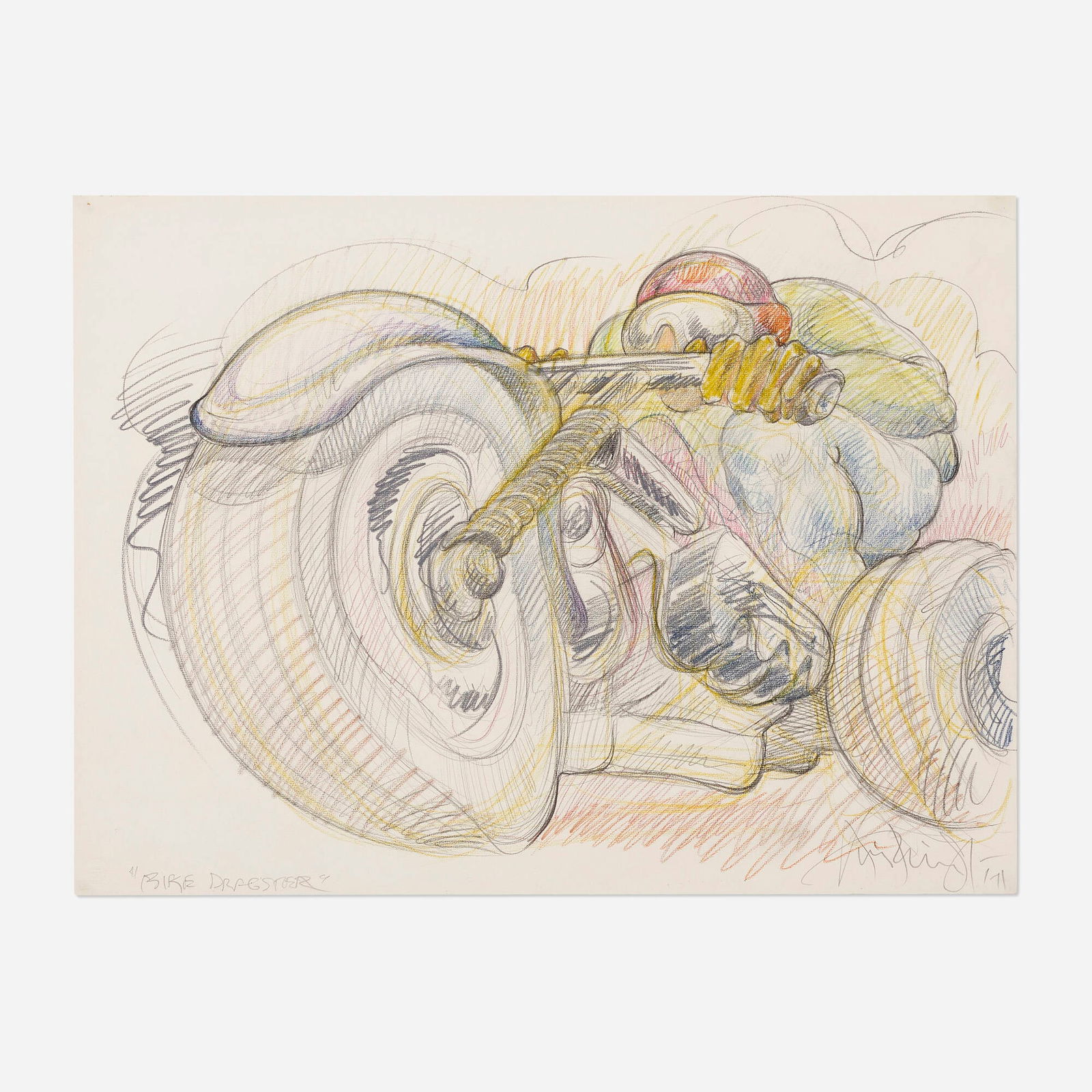 Luis Jimenez, Bike Dragster: Luis Jimenez Bike Dragster 1971graphite and colored pencil on Strathmore Artist 22 h x 30 w in (56 x 76 cm) Signed, titled and dated to lower edge 'Bike Dragster Luis Jimenez '71'.