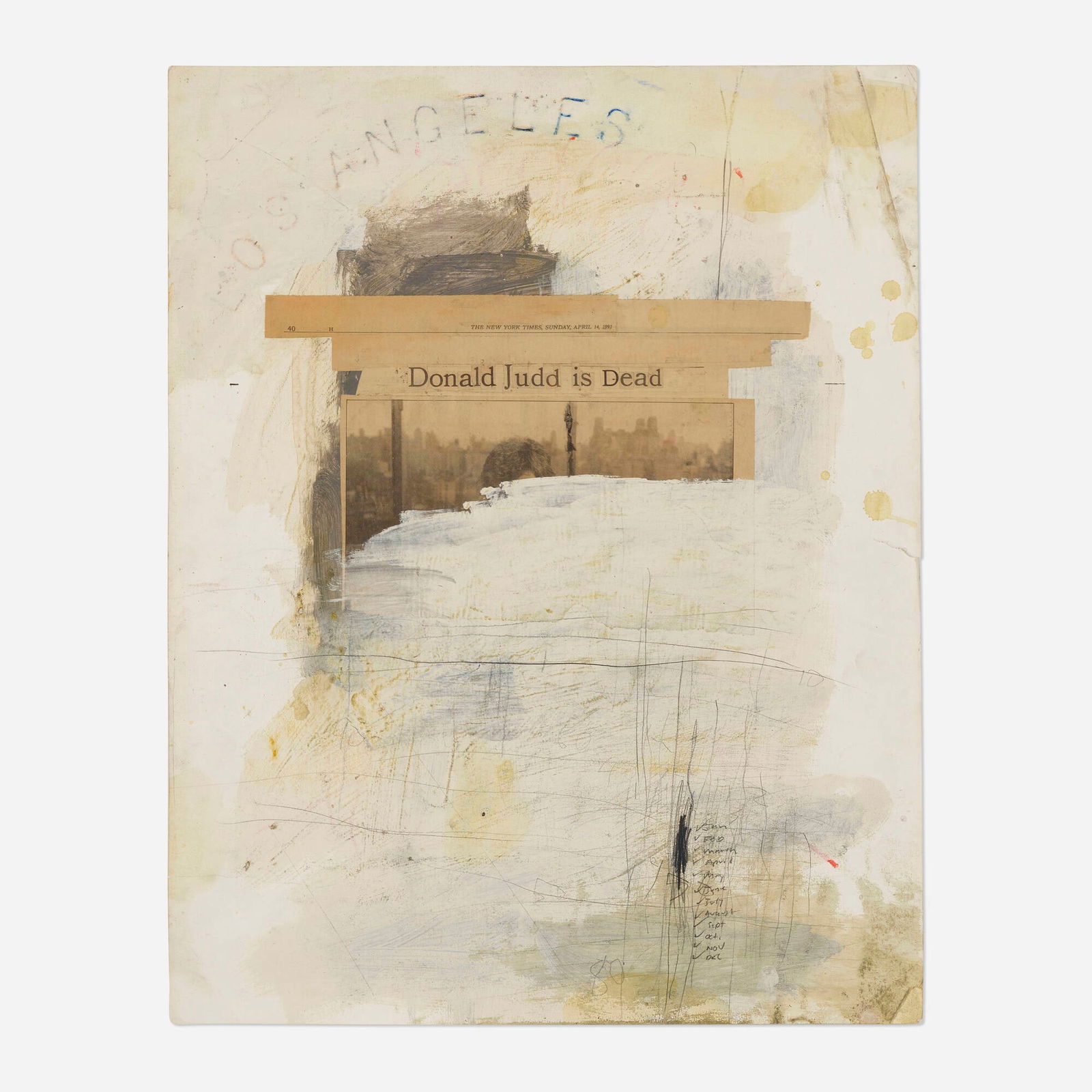 Lawrence Carroll, Donald Judd is Dead: Lawrence Carroll Donald Judd is Dead (from the Obituary Series) c. 1987-91mixed media collage on paper 24 h x 19 w in (61 x 48 cm) Provenance: Private Collection, Los Angeles
