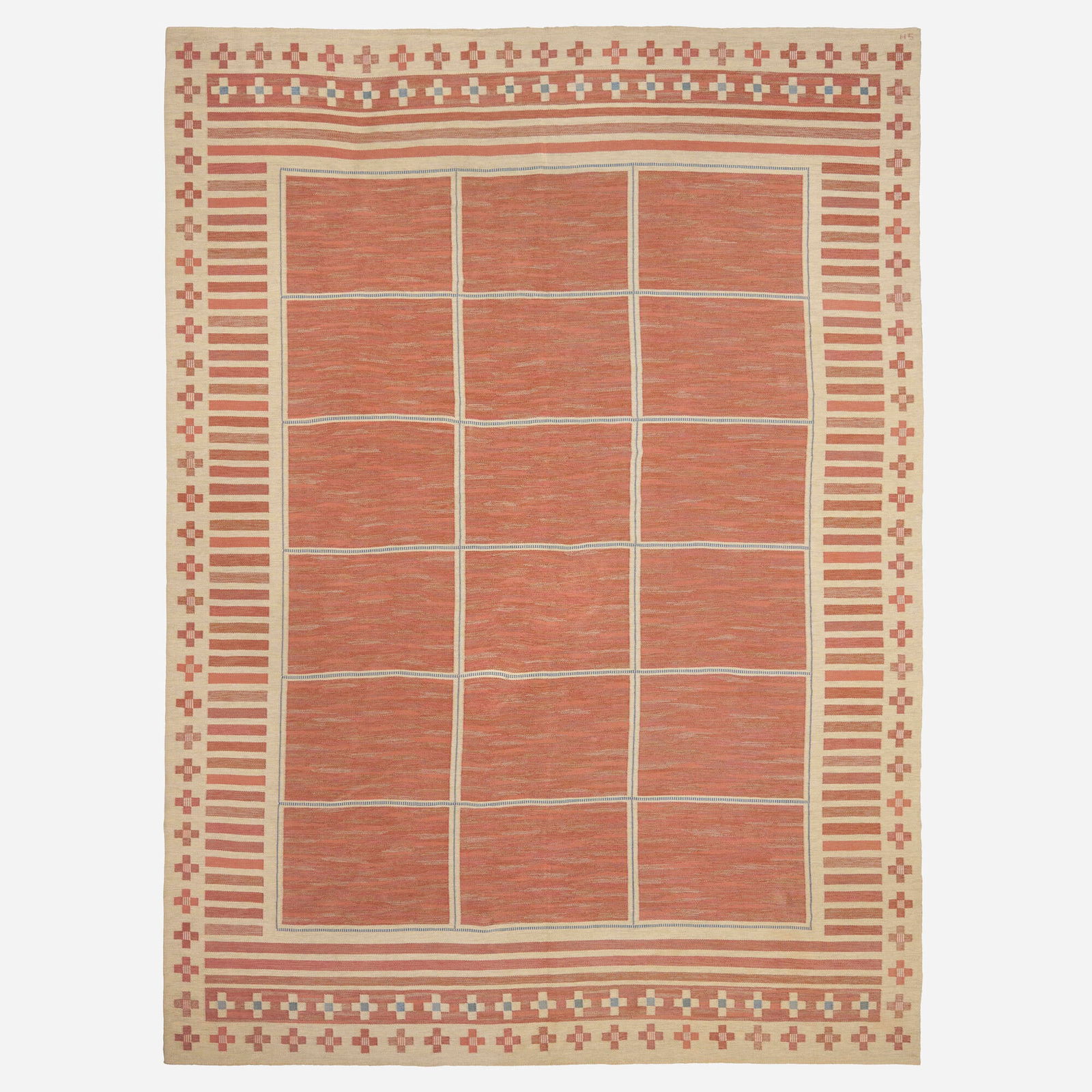 Edna Martin, Monumental flatweave carpet: Edna Martin Monumental flatweave carpet Svensk HemslojdSweden, c. 1950hand-woven wool 137 w x 192 l in (348 x 488 cm) Woven studio mark to edge 'SH'. Provenance: