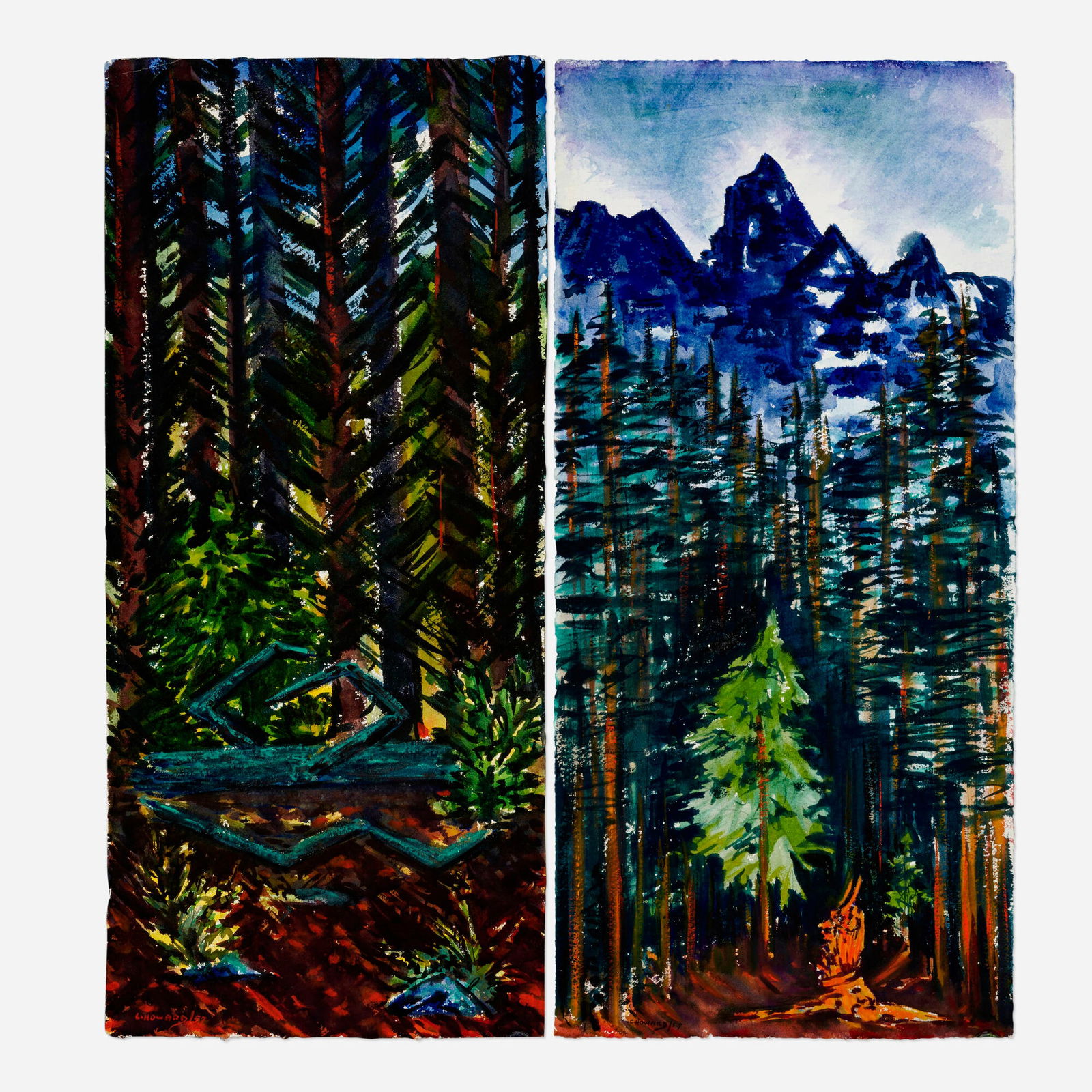 Charlotte Howard, Forest Scene (two works): Charlotte Howard Forest Scene (two works) 1957watercolor on paper each: 22 h x 10.5 w in (56 x 27 cm) Signed and dated to lower left of each work 'C. Howard 57'. This work