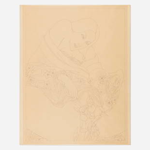 Masami Teraoka, Study for Woman and Iris: Masami Teraoka Study for Woman and Iris 1974pencil and ink on tracing paper 24 h x 19 w in (61 x 48 cm) Signed, titled and dated to lower edge 'Woman and Iris Masami Teraoka 1974'.