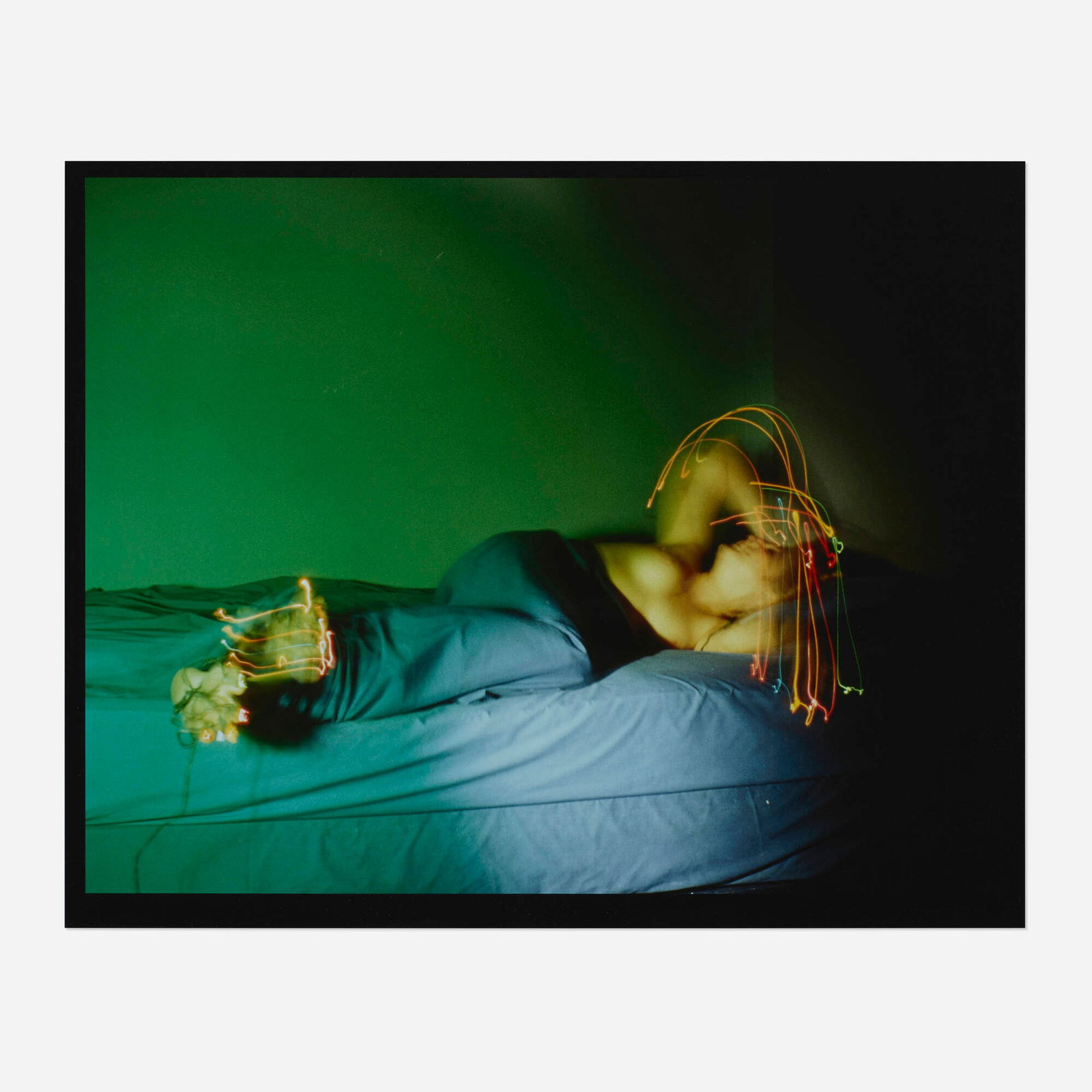 Jimmy DeSana, Figure with Light Trails in Bed: Jimmy DeSana Figure with Light Trails in Bed 1980 / printed 1982vintage Cibachrome print image: 14.875 h x 19.125 w in (38 x 49 cm) sheet: 15.875 h x 19.875 w in (40 x 50 cm) Embossed signa