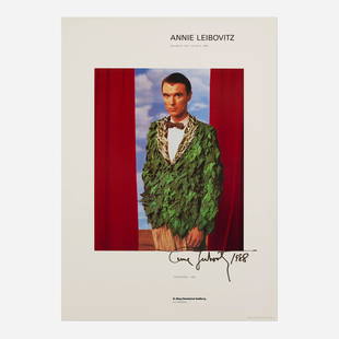 Annie Leibovitz, David Byrne exhibition poster: Annie Leibovitz David Byrne exhibition poster 1986 / printed 1987offset lithograph in colors image: 16.75 h x 13.75 w in (43 x 35 cm) sheet: 28 h x 20 w in (71 x 51 cm) Signed and dated to