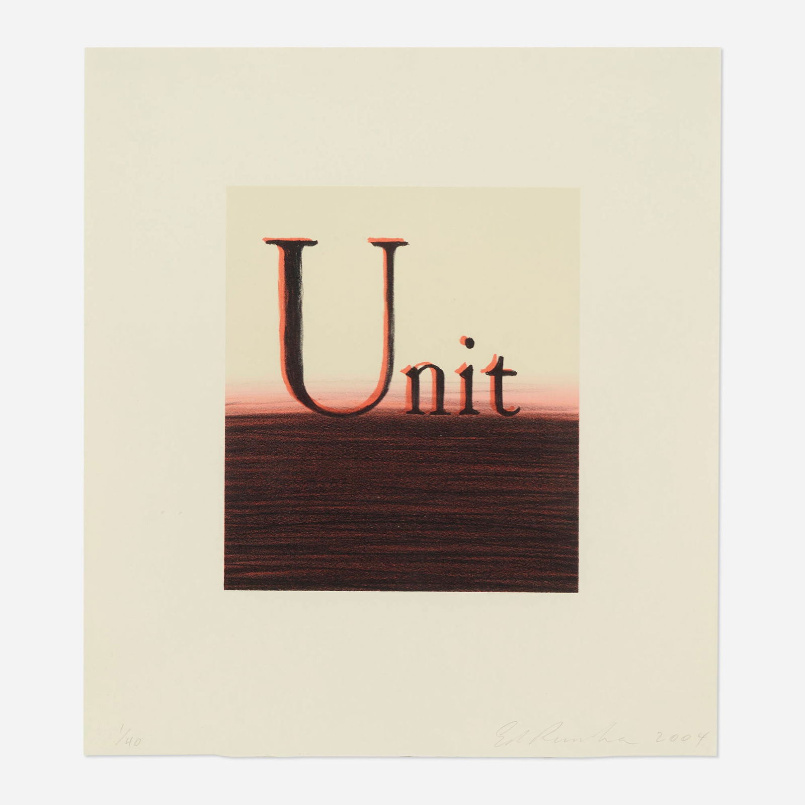 Ed Ruscha, Unit: Ed Ruscha Unit 2004lithograph in colors on Hahnemuhle German etching image: 8 h x 7 w in (20 x 18 cm) sheet: 14 h x 12.5 w in (36 x 32 cm) Signed, dated and numbered to lower edge '1/40 Ed