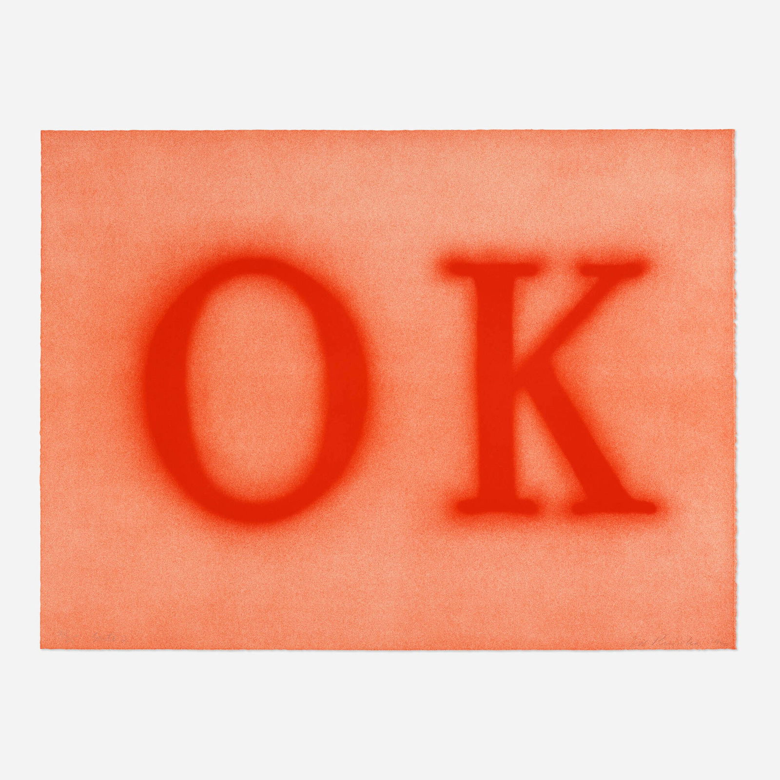 Ed Ruscha, OK (State II): Ed Ruscha OK (State II) 1990lithograph in red on BFK Rives 26.875 h x 36 w in (68 x 91 cm) Signed, dated and numbered to lower edge '2/25 State 2 Ed Ruscha 1990'. This work is number 2 from th