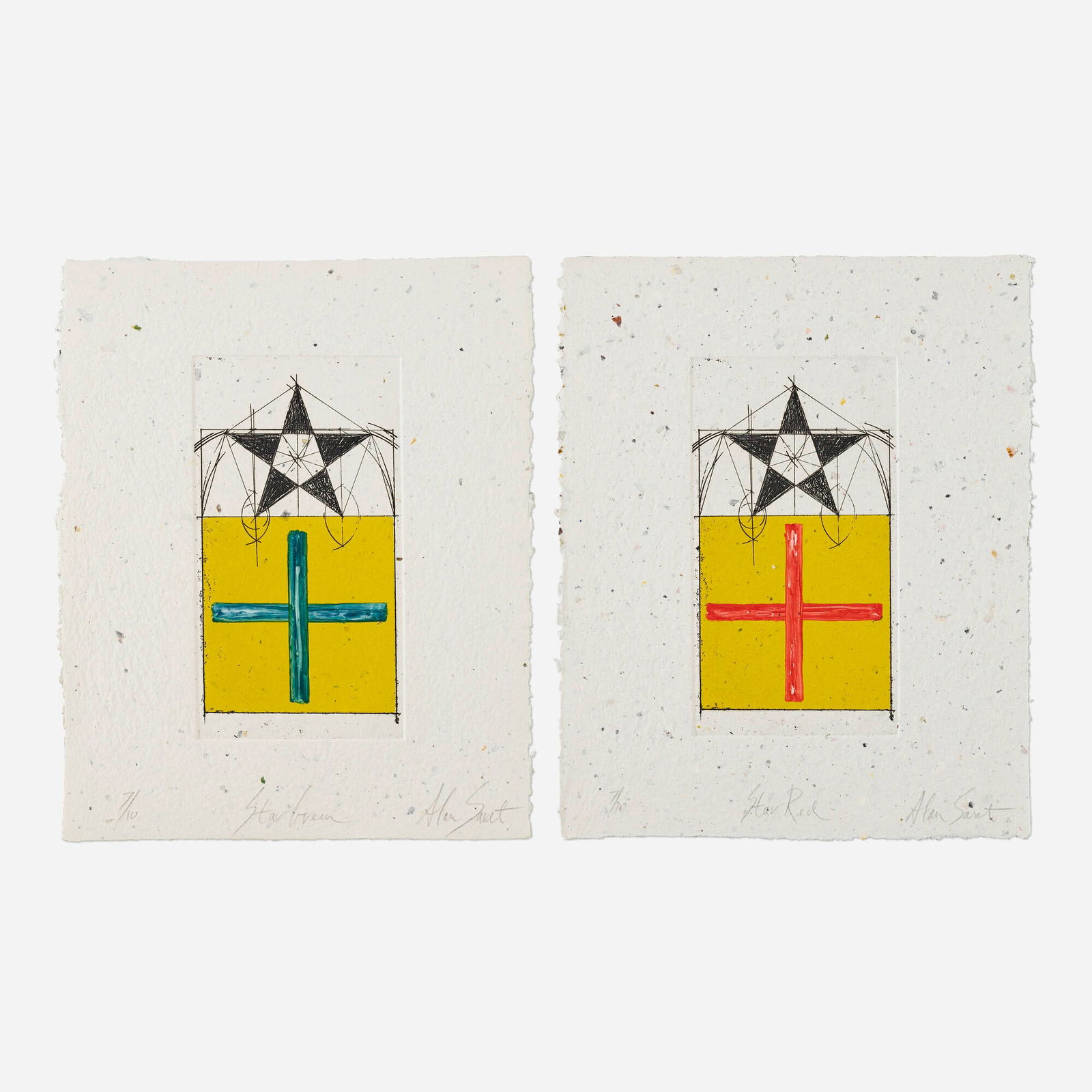 Alan Saret, Star Green; Star Red (two works): Alan Saret Star Green; Star Red (two works) 1981-83etching in colors with hand-deletions on handmade paper image: 13 h x 7 w in (33 x 18 cm) sheet: 20 h x 16.5 w in (51 x 42 cm) Signed, tit