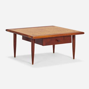 Sam Maloof, Coffee table: Sam Maloof Coffee table USA, c. 1975walnut, cork 14.5 h x 29.5 w x 29.75 d in (37 x 75 x 76 cm) Table features one drawer. Branded manufacturer's mark to drawer interior 'Designed Made Maloof