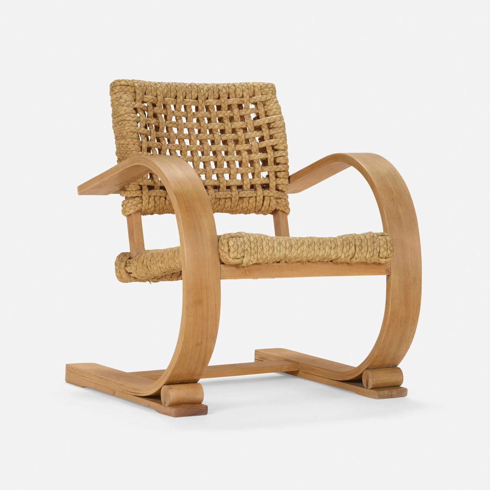 Adrian Audoux and Frida Minet, Armchair: Adrian Audoux and Frida Minet Armchair Vibo Vesoul France, c. 1945 maple, rope 29.5 h x 25.25 w x 26 d in (75 x 64 x 66 cm) This work will ship from Los Angeles, California.</