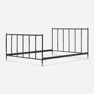 In the manner of Jacques Adnet, Full-size bed frame: In the manner of Jacques Adnet Full-size bed frame c. 1950 saddle-stitched leather over steel, brass 37 h x 57.5 w x 77.5 d in (94 x 146 x 197 cm) This work will ship from Los Angeles, California.