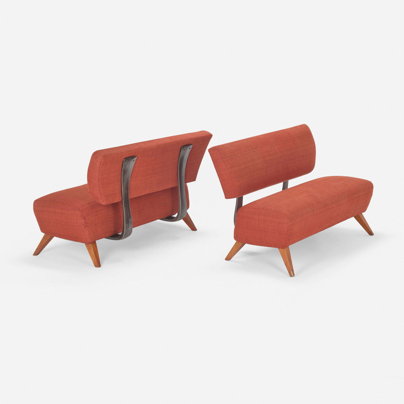 Jordan Mozer, Settees from Fred's restaurant at Barneys New York, pair: Jordan Mozer Settees from Fred's restaurant at Barneys New York, pair USA, c. 1992upholstery, steel, mahogany 34 h x 53 w x 28 d in (86 x 135 x 71 cm) This work will ship from Los
