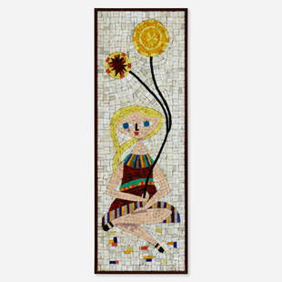 Evelyn Ackerman, Balloons mosaic: Evelyn Ackerman Balloons mosaic ERA Industries c. 1958 glass tile mosaic laid to Masonite in artist's frame 37 h x 13 w in (94 x 33 cm) This work will ship from Lambertville, New Jersey.