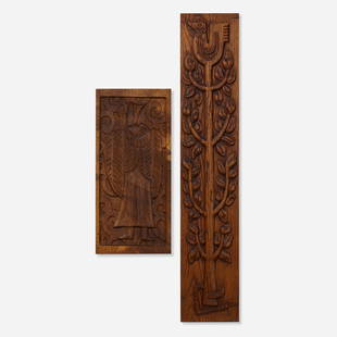 Evelyn Ackerman, Carved panels, set of two: Evelyn Ackerman Carved panels, set of two ERA Industriesc. 1960oak 36 h x 7 w x 1 d in (91 x 18 x 3 cm) 19.25 h x 9 w x 1.25 d in (49 x 23 x 3 cm) Carved signature to lower edge of ea