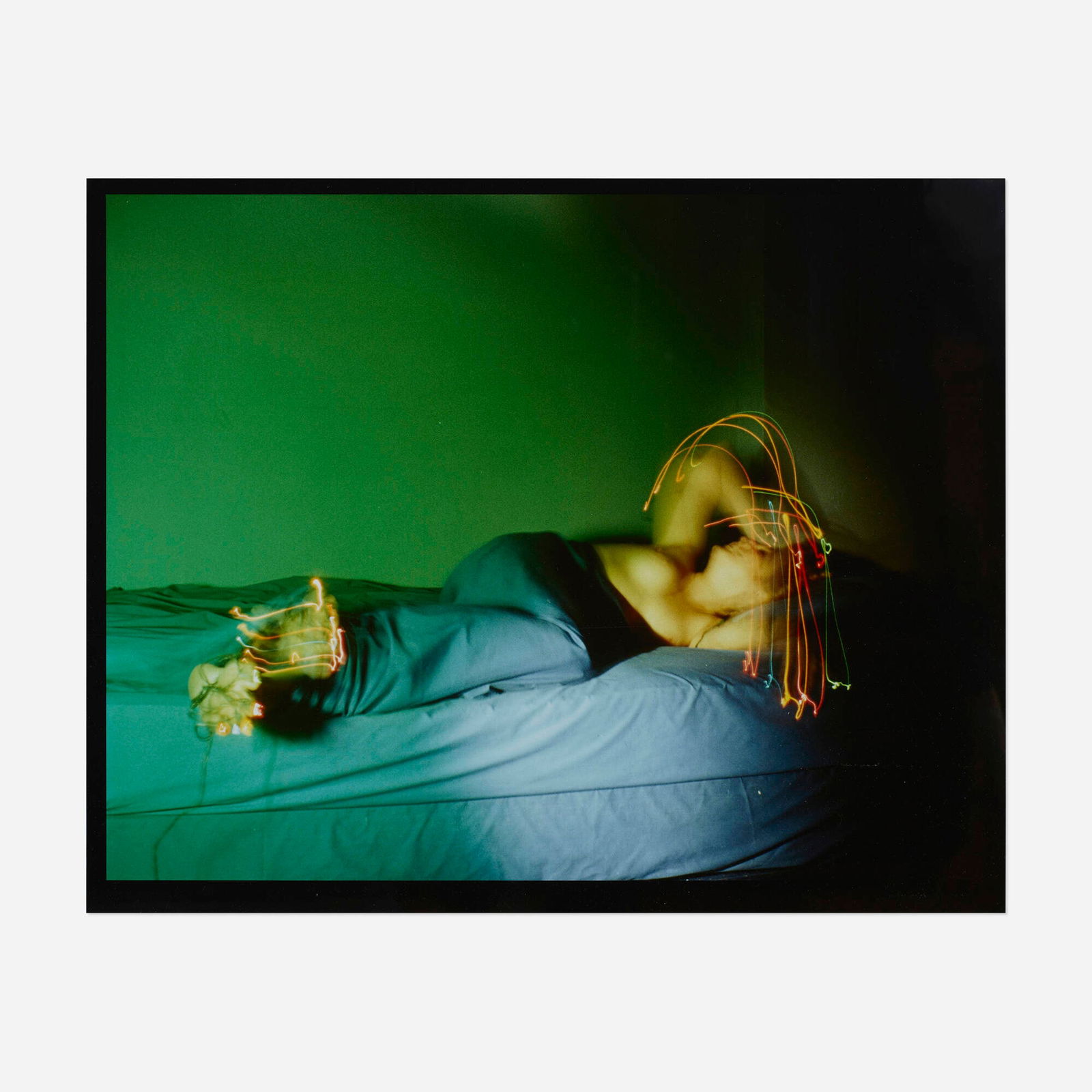 Jimmy DeSana, Figure with Light Trails in Bed: Jimmy DeSana Figure with Light Trails in Bed 1980 / printed 1982vintage Cibachrome print image: 14.125 h x 19.125 w in (36 x 49 cm) sheet: 15.125 h x 19.875 w in (38 x 50 cm) Embossed signa