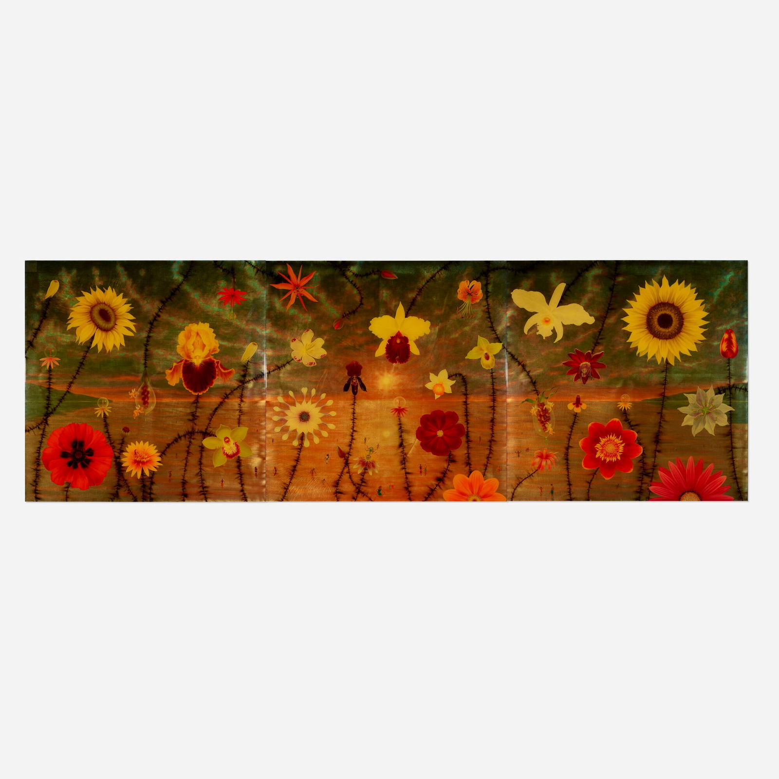 L.C. Armstrong, Sunset Over Sea of Bliss (triptych): L.C. Armstrong Sunset Over Sea of Bliss (triptych) 2001acrylic, bomb fuse, and resin on linen on wood panel each: 48 h x 48 w in (122 x 122 cm) overall: 48 h x 144 w in (122 x 366 cm) Incis