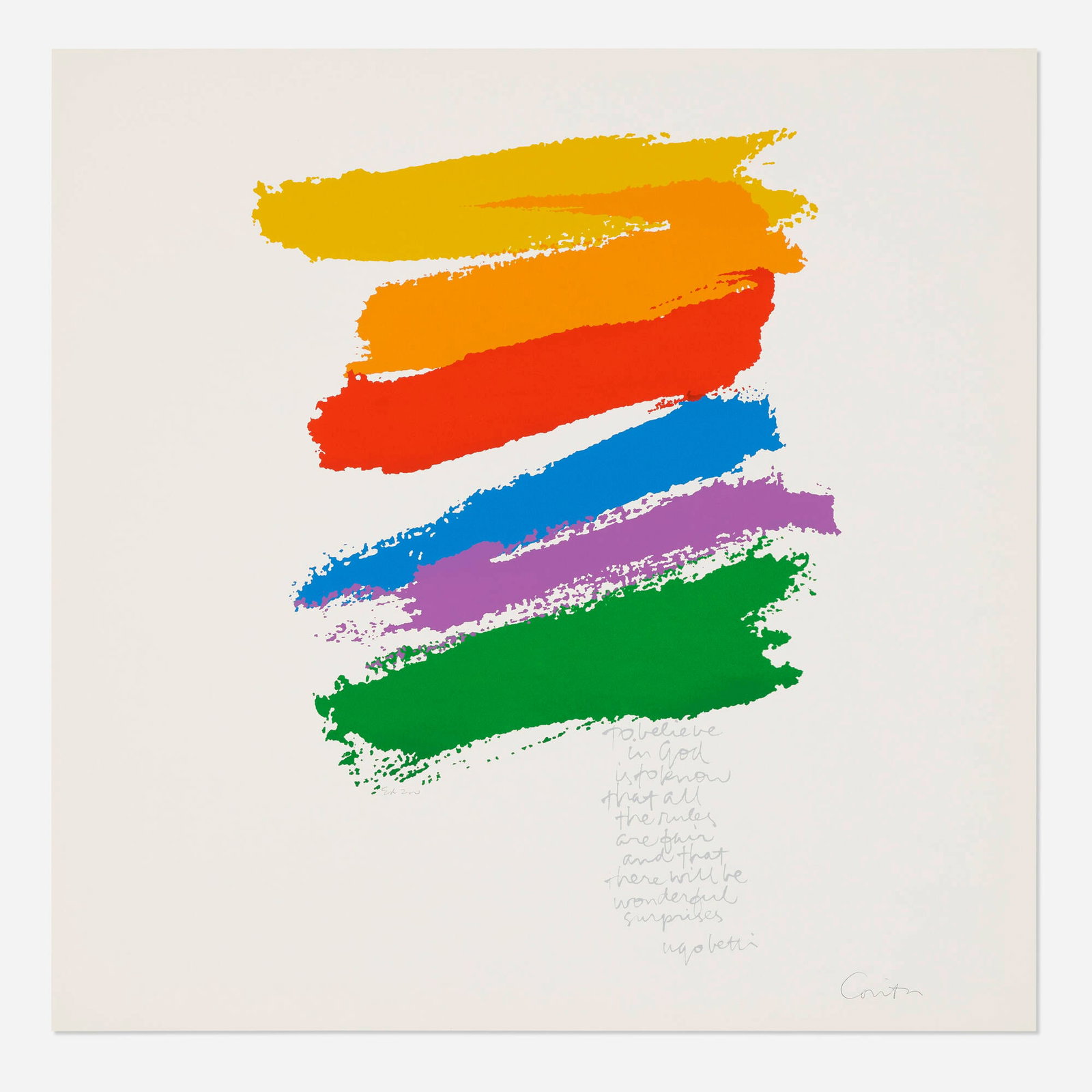 Corita Kent (Sister Mary Corita), promise: Corita Kent (Sister Mary Corita) promise 1978 screenprint in colors 23 h x 23 w in (58 x 58 cm) Signed and numbered to center and lower right 'Ed 200 Corita'. This work is from the edition of 2