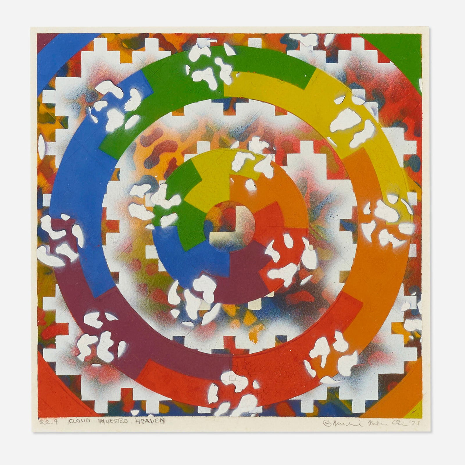 Michael Peter Cain, Cloud Invested Heaven (22.8): Michael Peter Cain Cloud Invested Heaven (22.8) 1978airbrushed gouache on paper image: 7.375 h x 7.375 w in (19 x 19 cm) sight: 7.75 h x 7.75 w in (20 x 20 cm) Signed, titled and dated to l