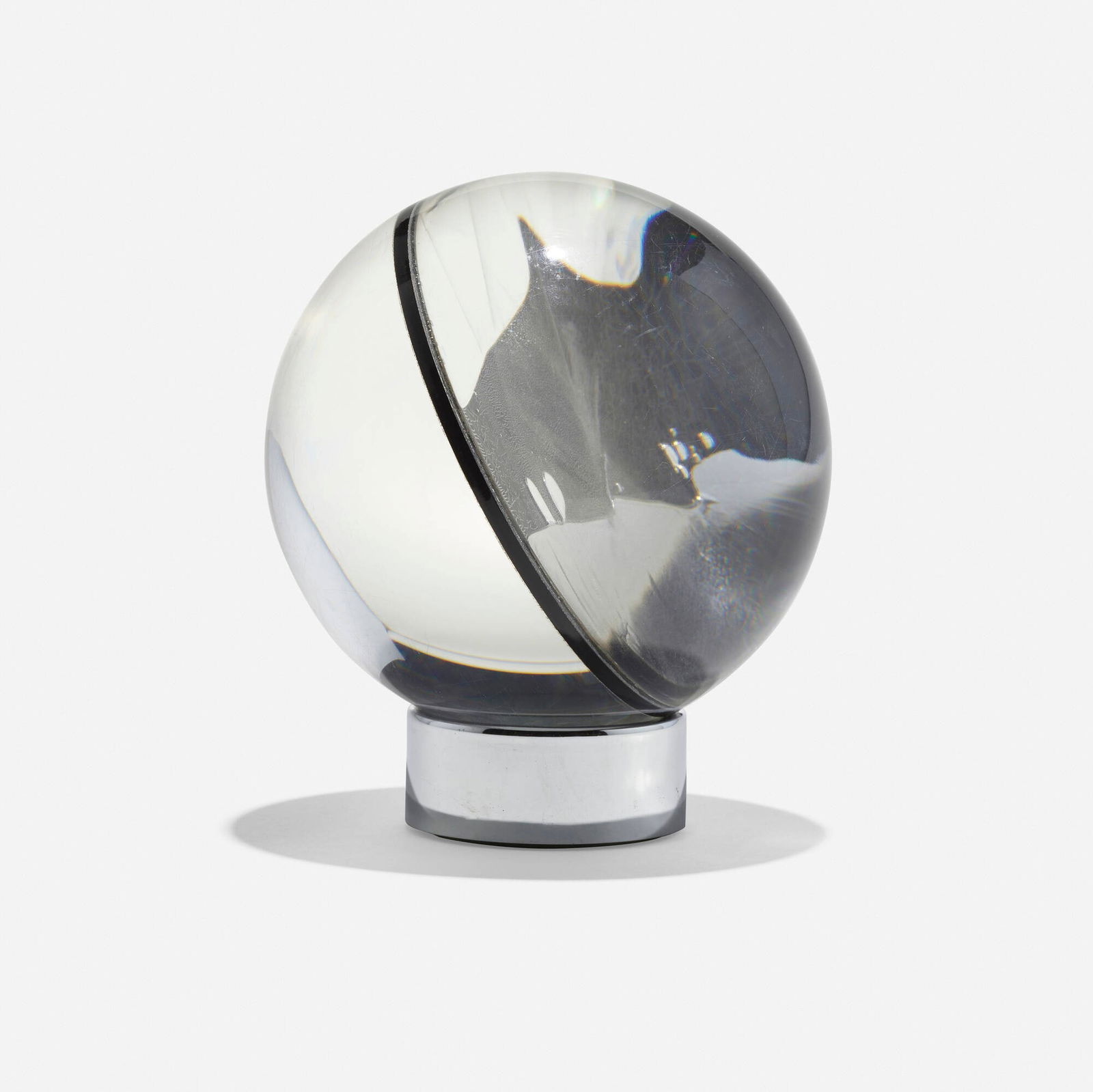 Ronald Mallory, Untitled (Mercury Sphere): Ronald Mallory Untitled (Mercury Sphere) c. 1969mercury suspended in acrylic resin, stainless steel, plastic sphere: 5.75 h x 5.57 dia in (15 x 14 cm) overall: 6.75 h x 5.75 dia in (17 x 15 cm)