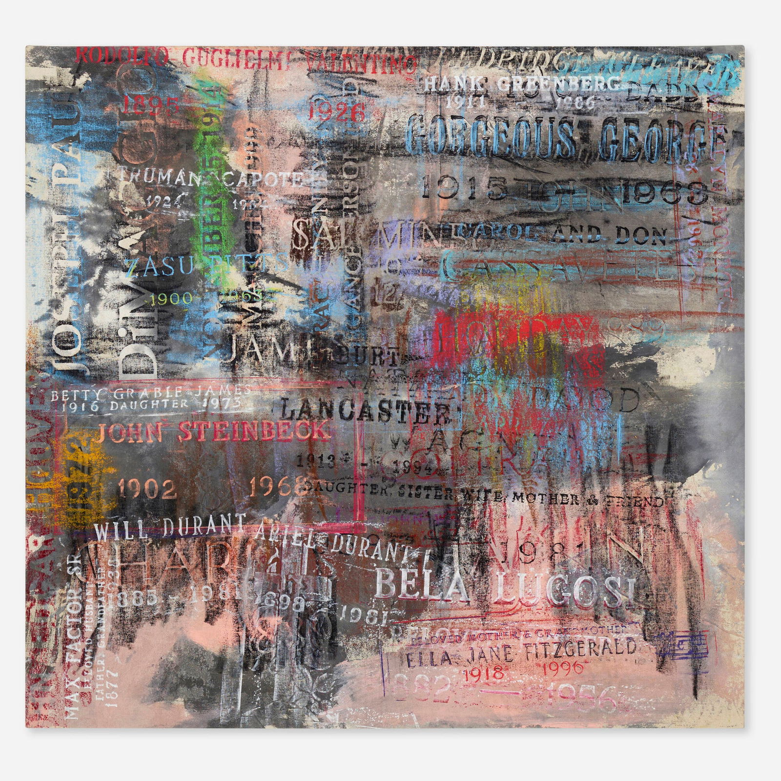 Scott Covert, Untitled: Scott Covert Untitled 2001oil crayon and oil on canvas 35.5 h x 37.5 w in (90 x 95 cm) The composition is comprised of rubbings from the gravestones of Charlie Chaplin, Marilyn Monroe, James D