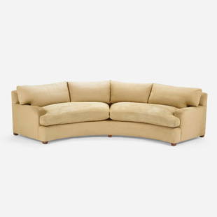 William (Billy) Haines, Curved sofa: William (Billy) Haines Curved sofa USA, c. 1960 suede upholstery 28.5 h x 124 w x 53 d in (72 x 315 x 135 cm) Provenance: Important Private California Coast Collection This work will ship from