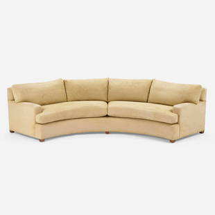 William (Billy) Haines, Curved sofa: William (Billy) Haines Curved sofa USA, c. 1960 suede upholstery 28.5 h x 124 w x 53 d in (72 x 315 x 135 cm) Provenance: Important Private California Coast Collection This work will ship from