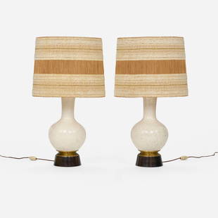 William (Billy) Haines, Table lamps, pair: William (Billy) Haines Table lamps, pair Wilshire HouseUSA, c. 1955crackle-glazed stoneware, brass, stained and lacquered wood, Dorothy Liebes shade 34 h x 19.75 dia in (86 x 50 cm) Deca