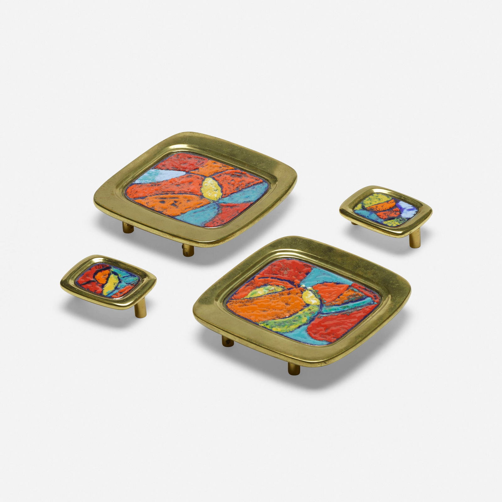 Paul Laszlo, Door pulls, set of four: Paul Laszlo Door pulls, set of four Hungary/USAbrass, enameled copper 7.75 h x 7.75 w x 1.5 d in (20 x 20 x 4 cm) 3 h x 4 w x 1.375 d in (8 x 10 x 3 cm) This work will ship fro