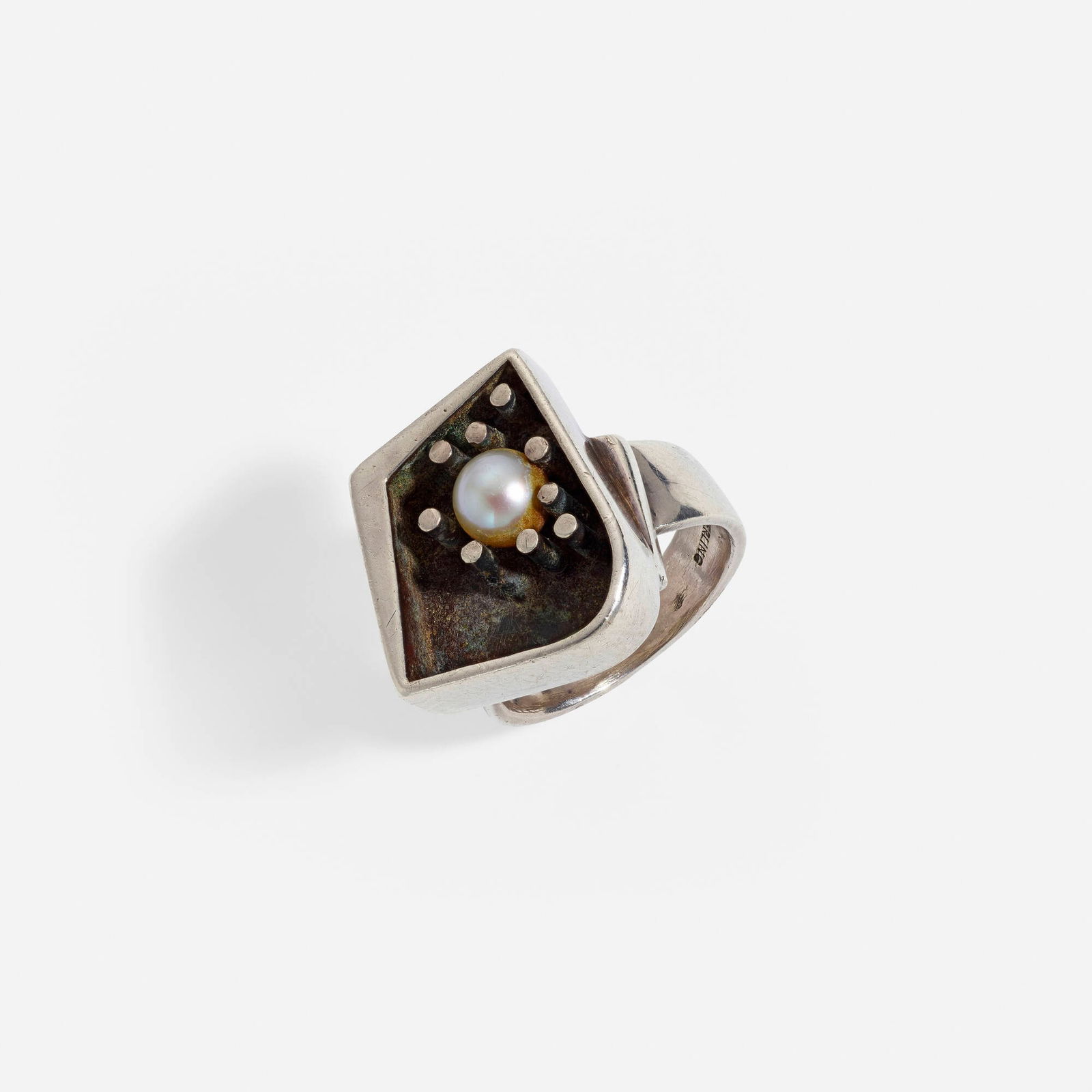 Margaret De Patta, Production Ring #7: Margaret De Patta Production Ring #7 USA, 1946 / 1946-57sterling silver, cultured pearl 1.125 h x .75 w x .625 d in (3 x 2 x 2 cm) Impressed signature and artist's cipher to band 'De Patta Ste