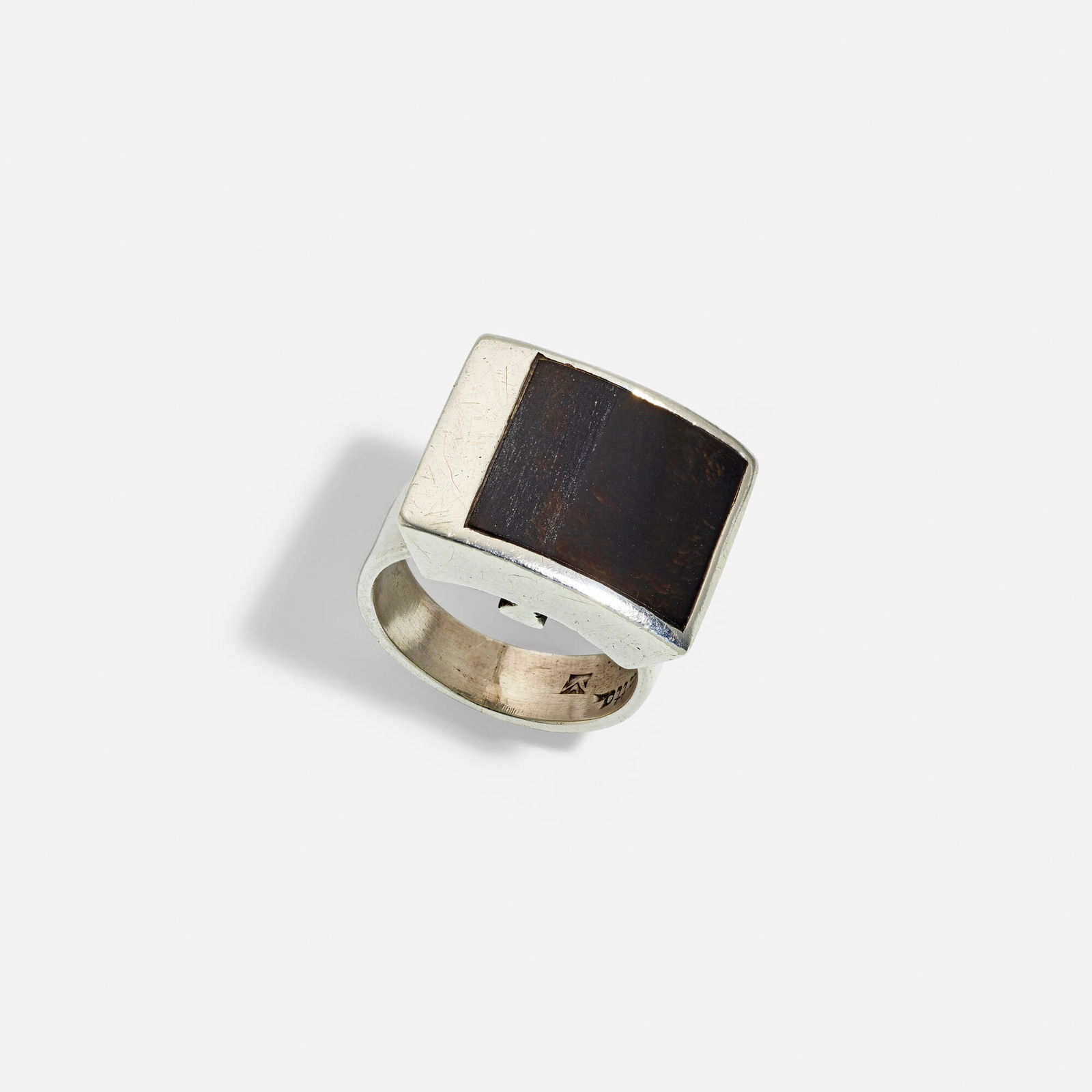 Margaret De Patta, Production Ring #13: Margaret De Patta Production Ring #13 USA, 1947 / 1947-57sterling silver, black onyx, wood 1 h x .625 w x .75 d in (3 x 2 x 2 cm) Impressed signature and artist's cipher to band 'De Patta Ster