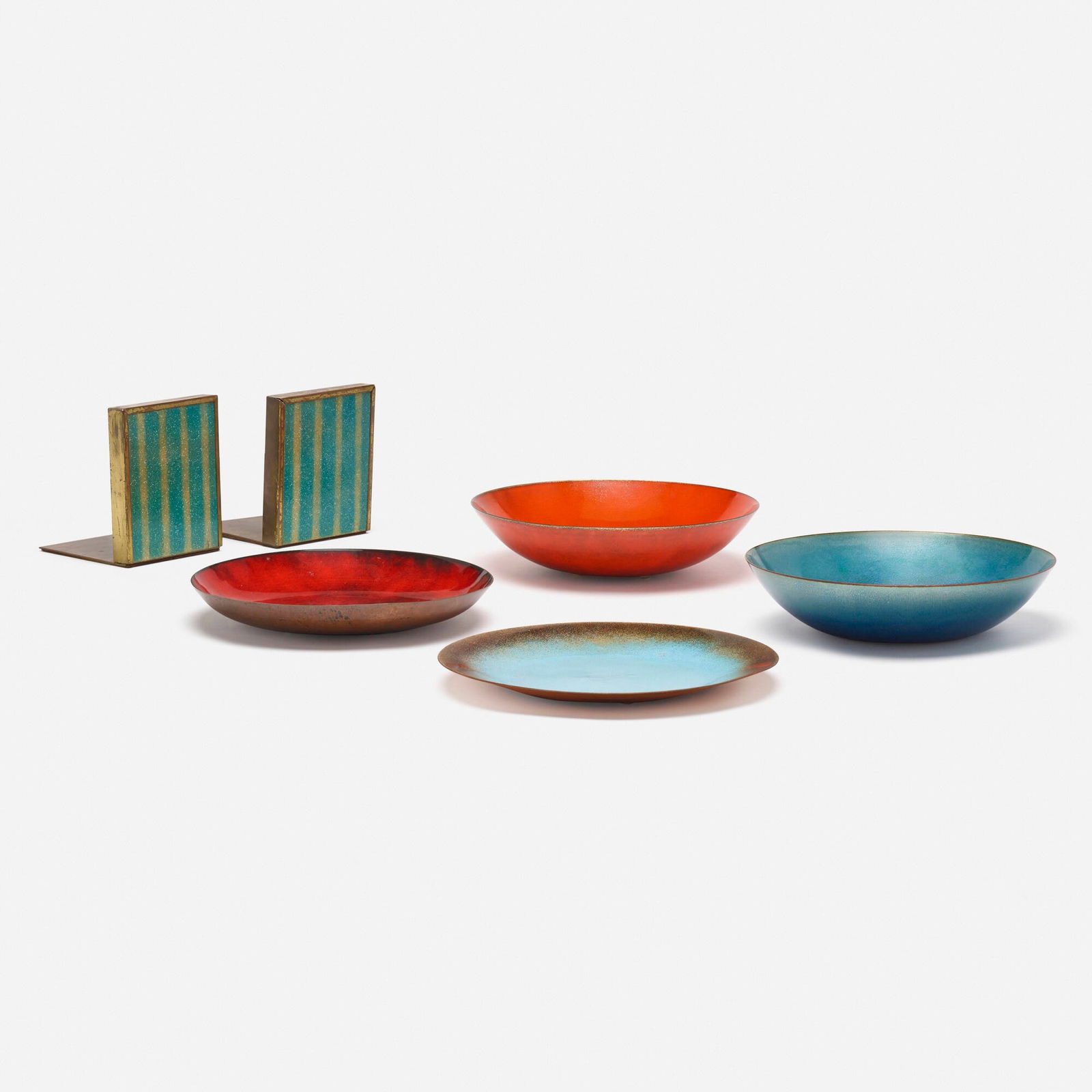 Jade Snow Wong, Tabletop accessories: Jade Snow Wong Tabletop accessories enameled copper, brass largest: 2.5 h x 10.375 dia in (6 x 26 cm) smallest: 5.75 h x 4.75 w x 4.875 d in (15 x 12 x 12 cm) Collection is comprised of three bow