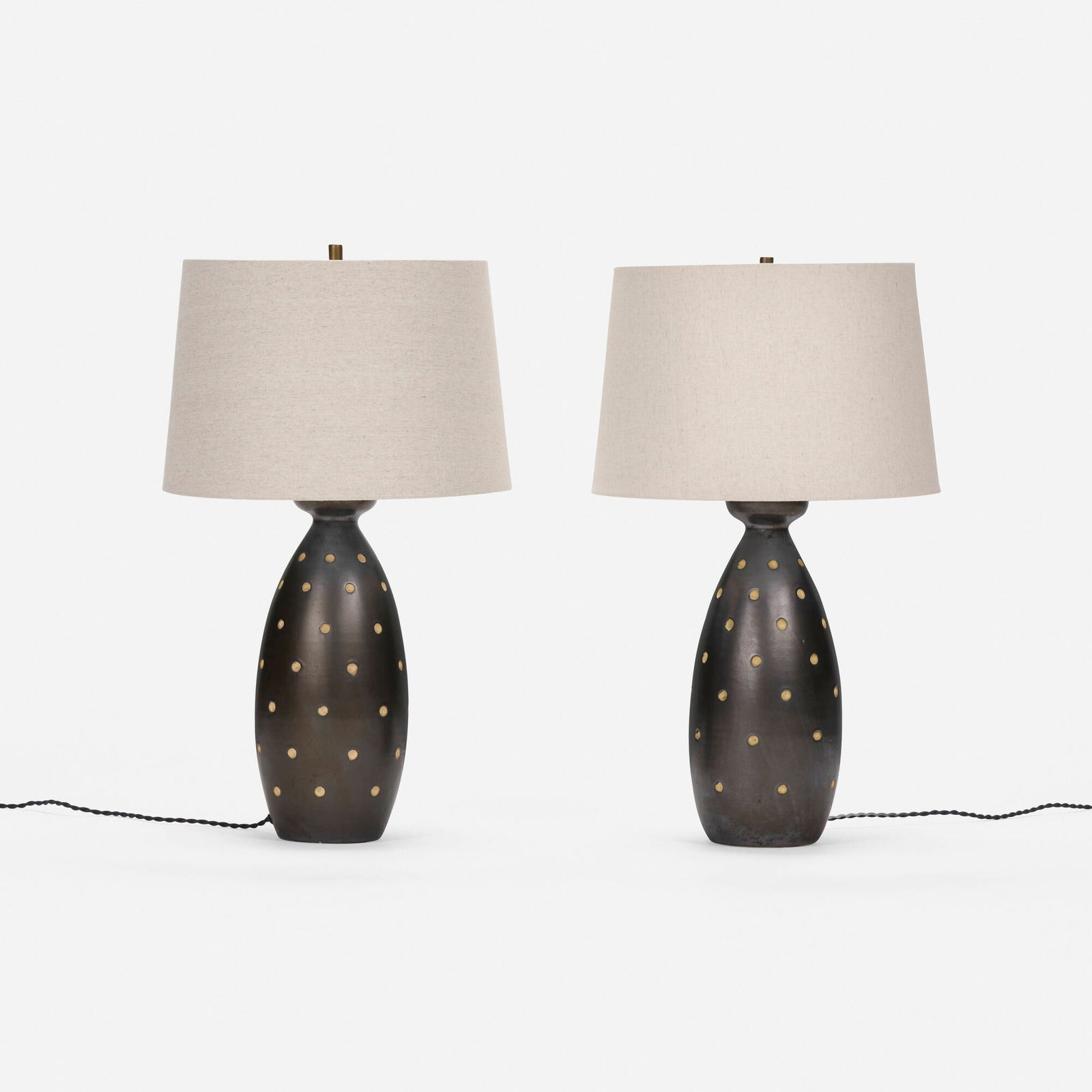 Raymor, Lamps, pair: Raymor Lamps, pair USA, c. 1955carved and glazed earthenware, linen 25.75 h x 7 dia in (65 x 18 cm) Glazed manufacturer's mark to underside of each example '5010 Italy'. Th